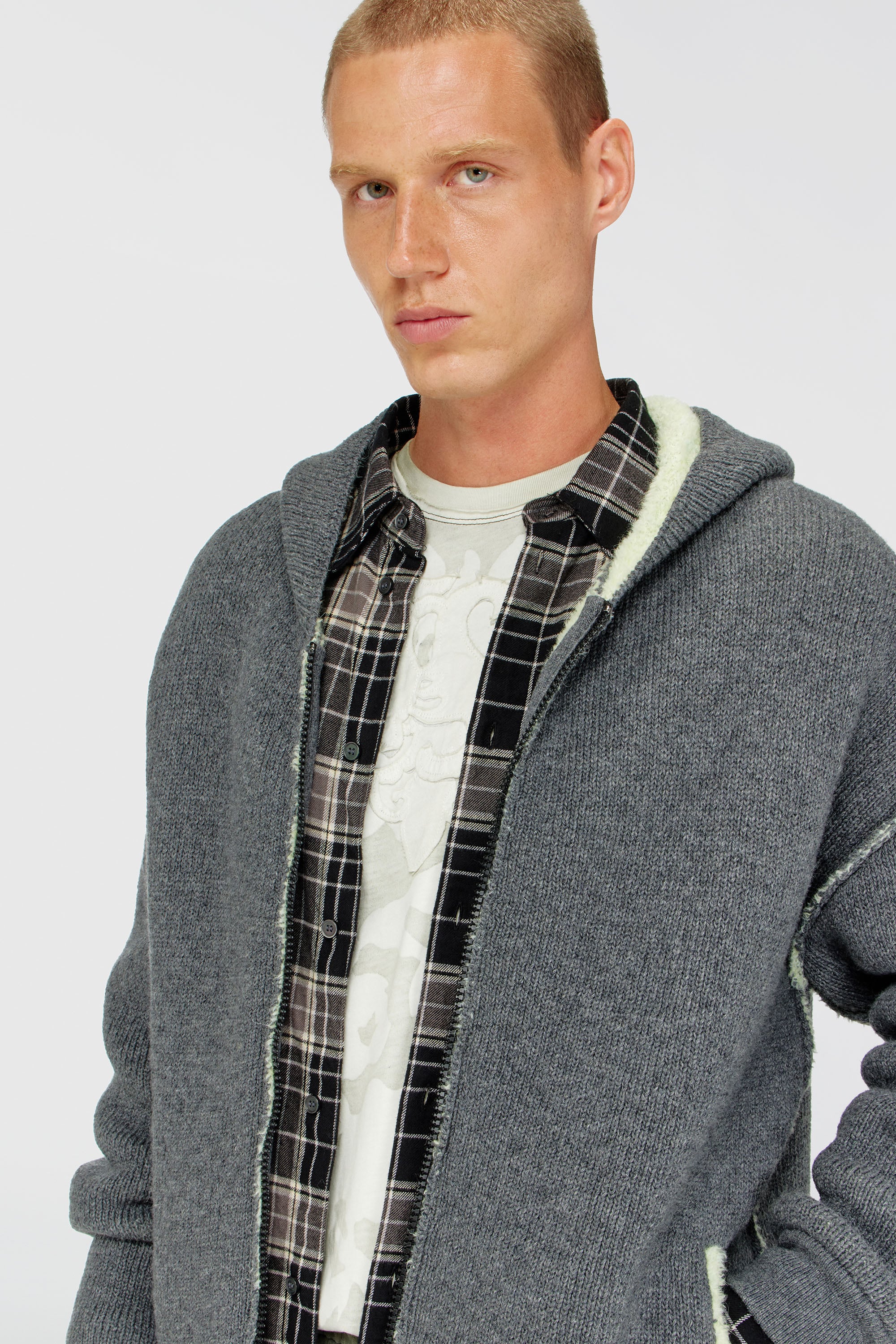 Diesel - K-BOUBBY, Man's Zip-up hoodie in dual-texture knit in Grey - 5