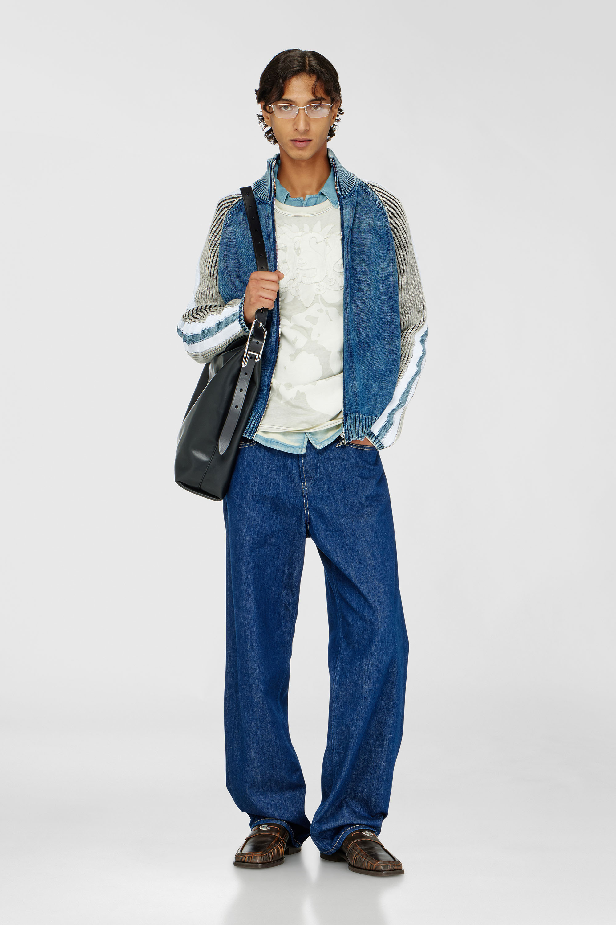 Diesel - K-HERONIMO, Man's Zip-up cardigan with sporty bands in Blue/Grey - 1