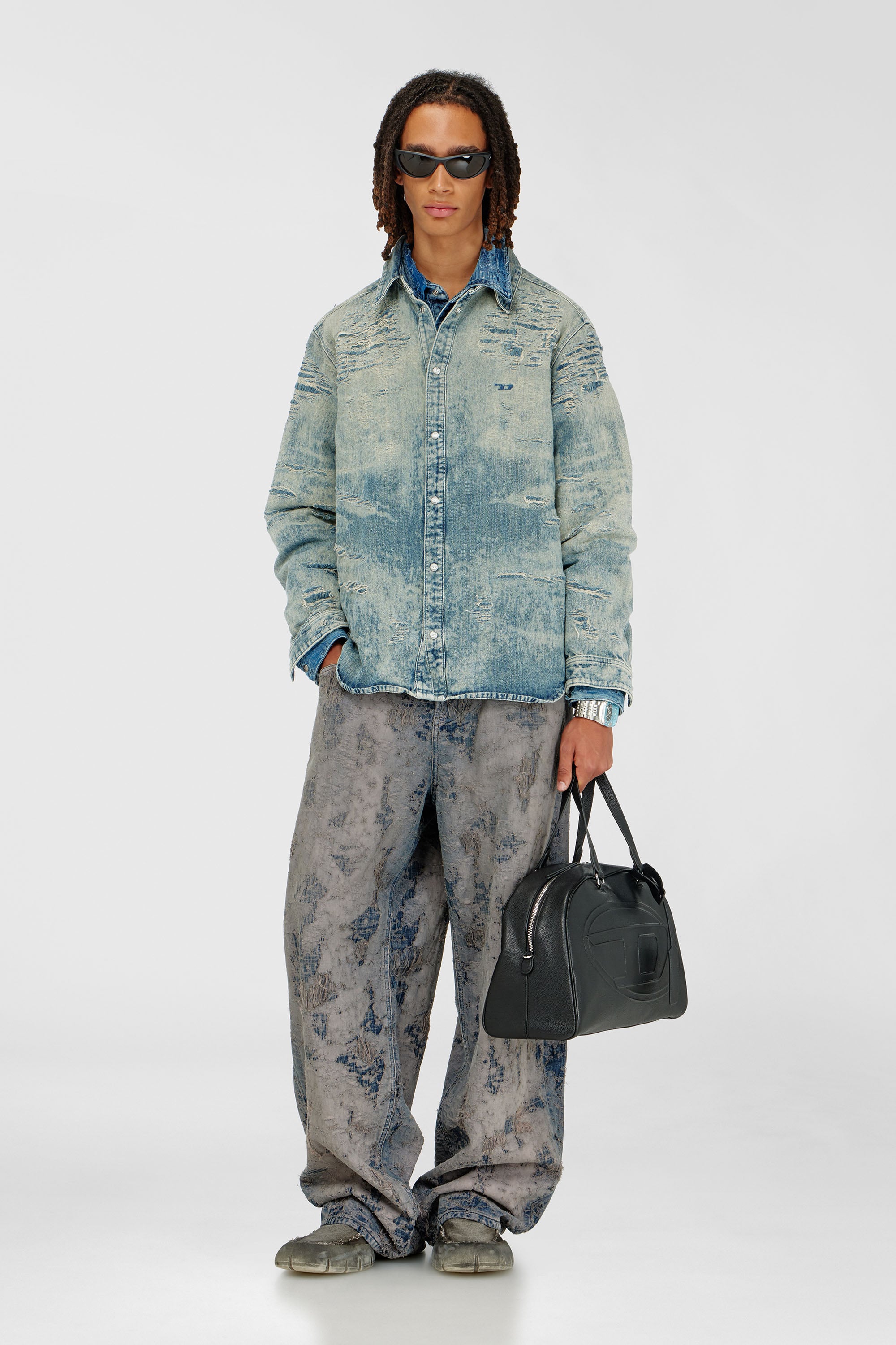 Diesel - D-SIMPLY, Male's Shirt in distressed-effect jacquard denim in Medium Blue - 1