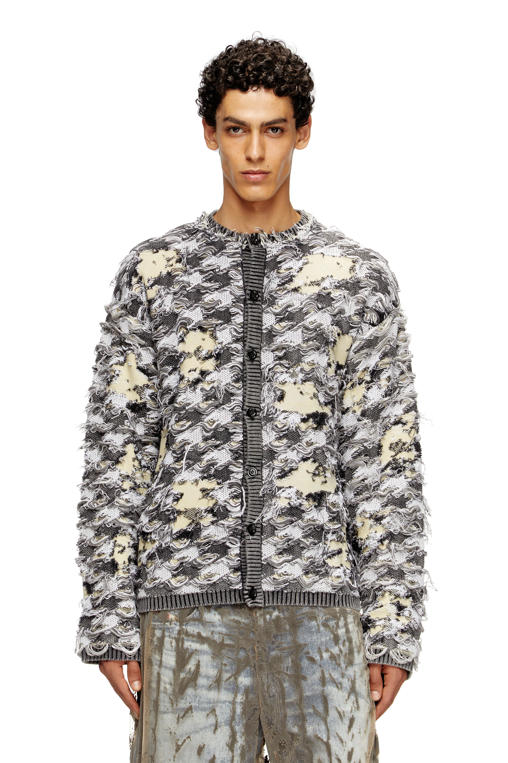 Diesel - K-VALBOR, Man's Cardigan in devor&eacute; houndstooth jacquard in Beige/Grey - 1