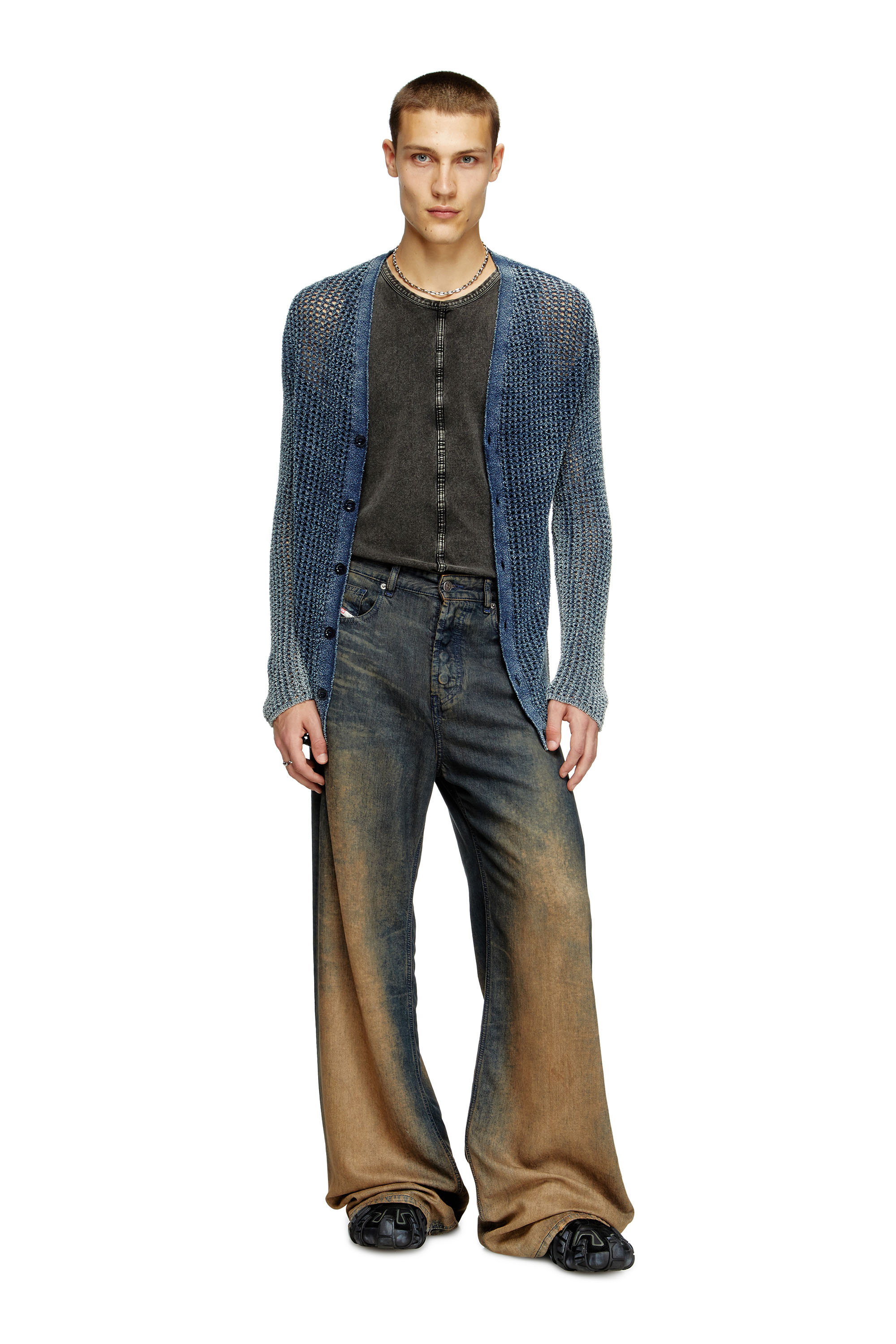 Diesel - K-REDRAM, Male's Mesh-knit cardigan in denim yarn in Blue - 1