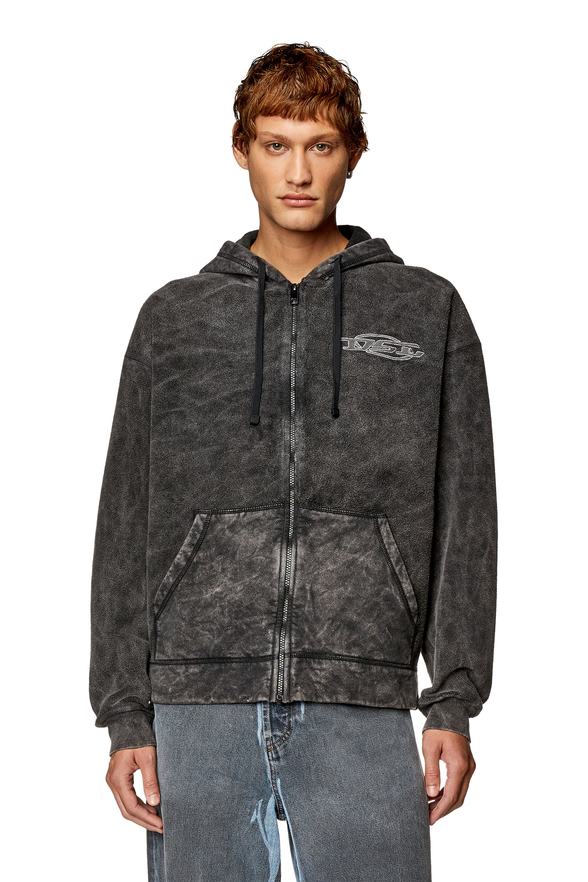 Diesel - S-ORS-HOOD-ZIP, Sudadera con capucha y cremallera de felpa boucl&eacute; con lavado tipo m&aacute;rmol Hombre in Negro - 3