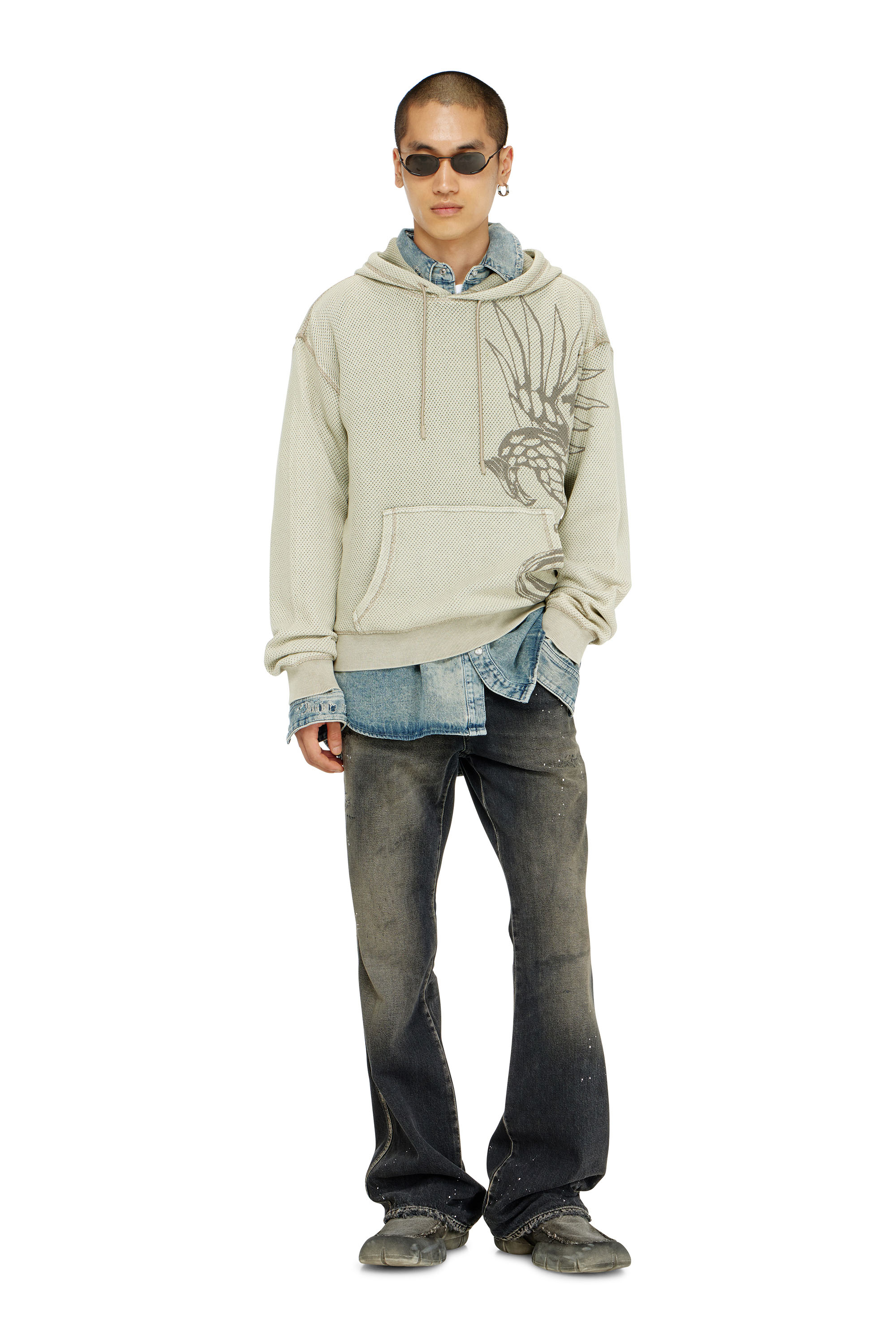 Diesel - S-NORM-HOOD-AA1, Sudadera con capucha de malla de algod&oacute;n texturizada Hombre in Beige - 2