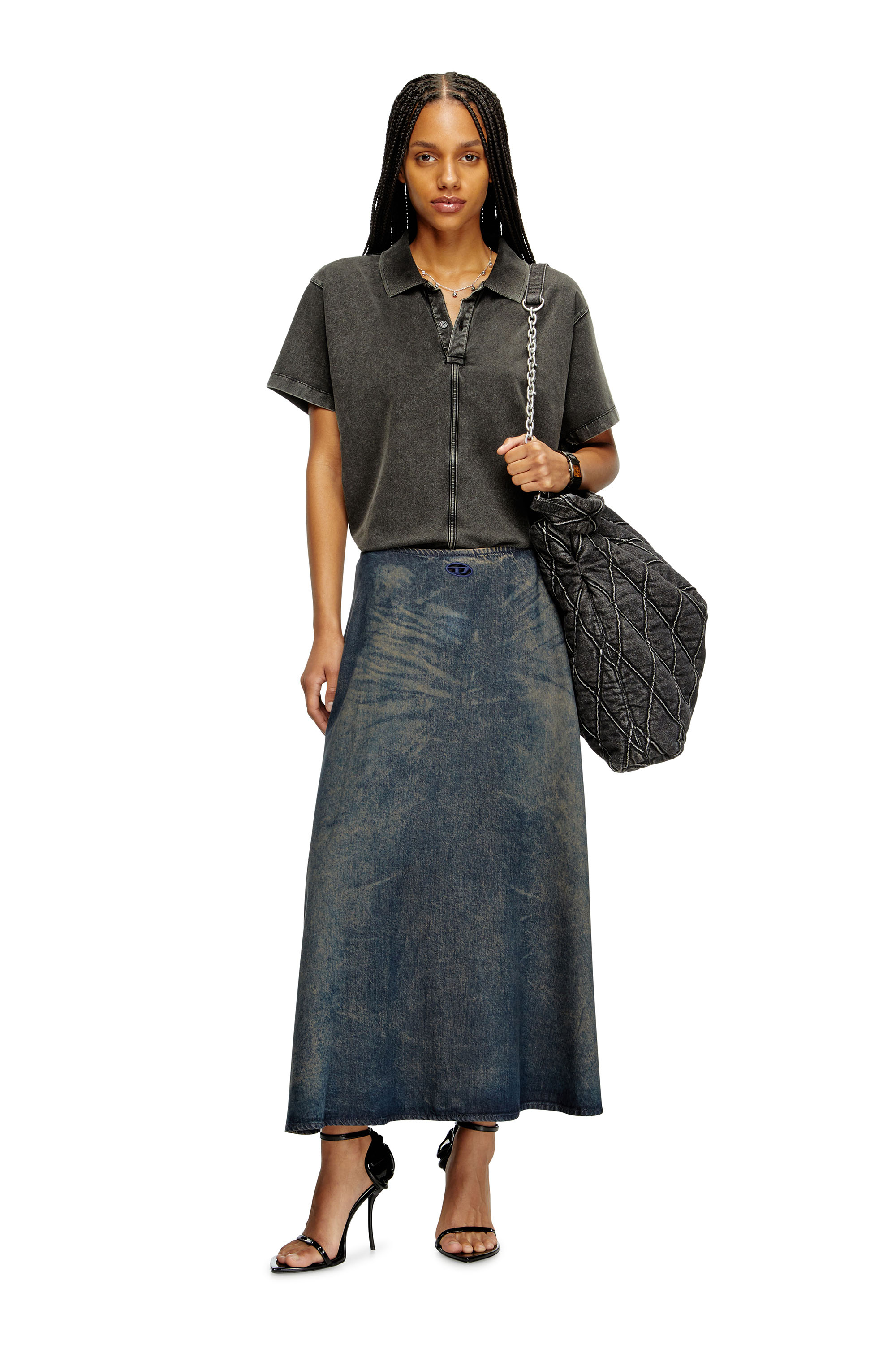 Diesel - DE-ANNIE-S, Woman's Full skirt in fluid dirt-effect denim in Blue - 2