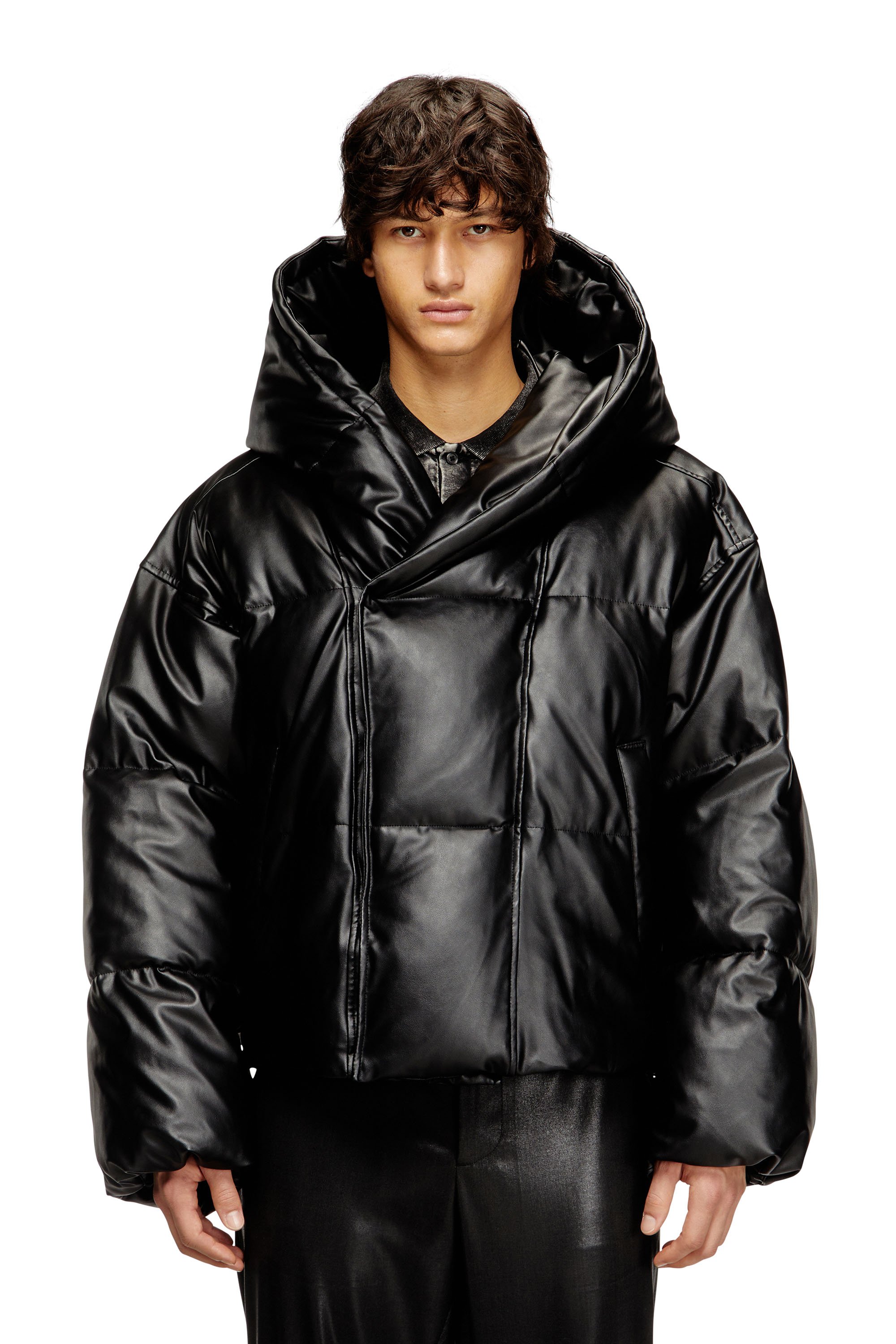 Diesel - W-MYLEY, Male's Hooded puffer jacket in coated fabric in Black - 1