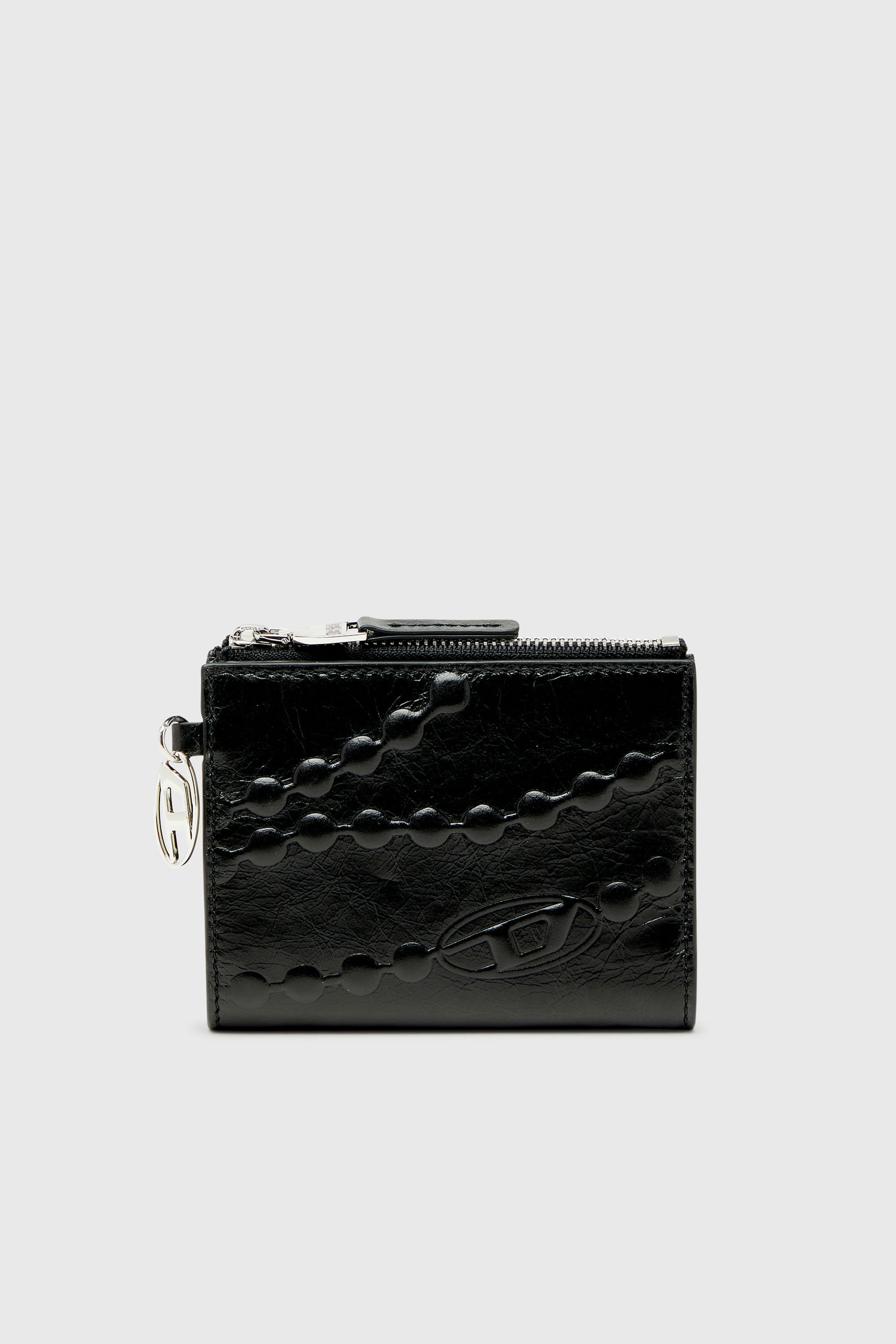 Diesel - OVAL-D BI FOLD ZIP II, Female's Leather bi-fold wallet with embossed chain motif in Black - 1