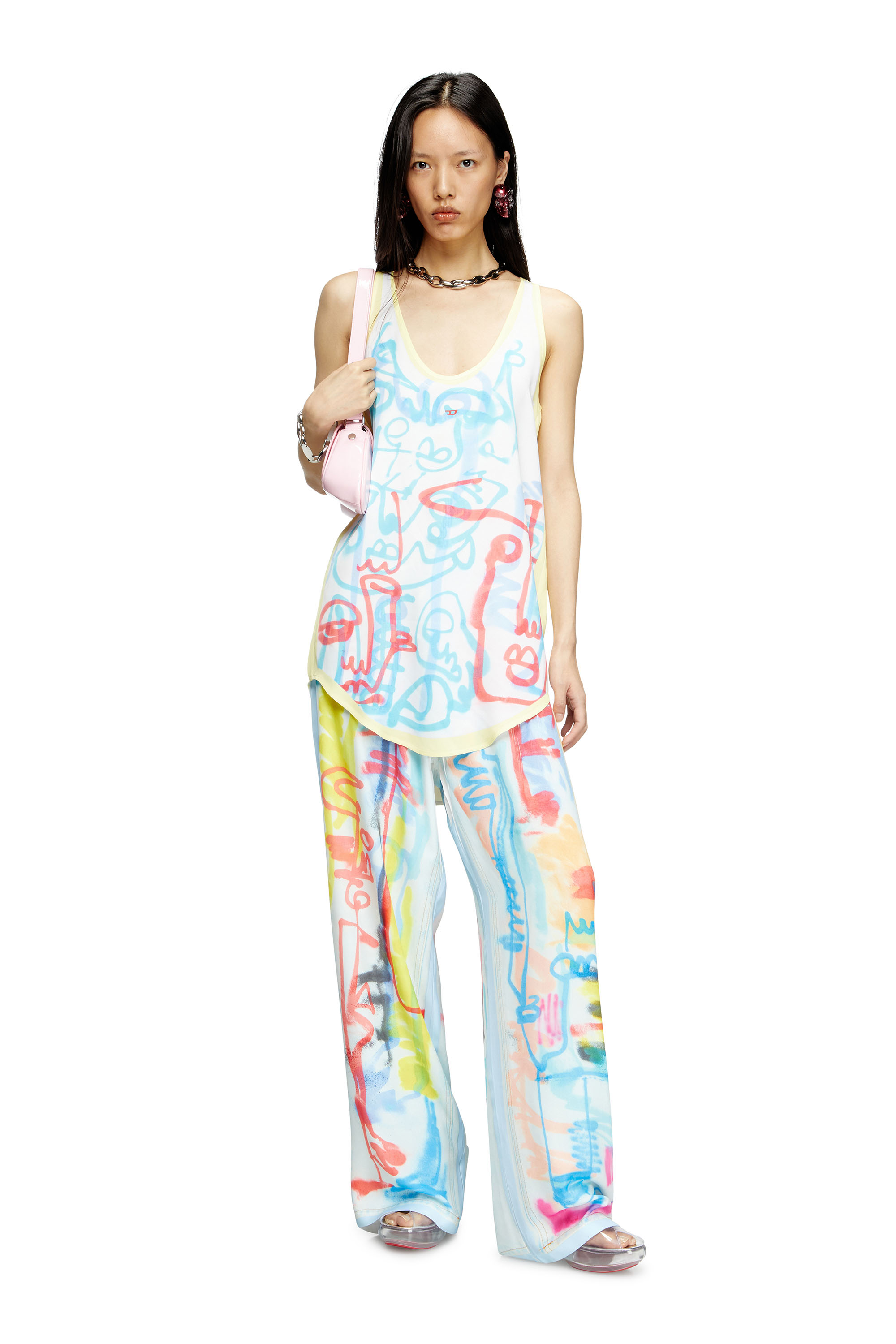Diesel - D-LINZ-GRAFFITI-AFR, Woman's Satin tank top with graffiti print in White/Yellow - 1