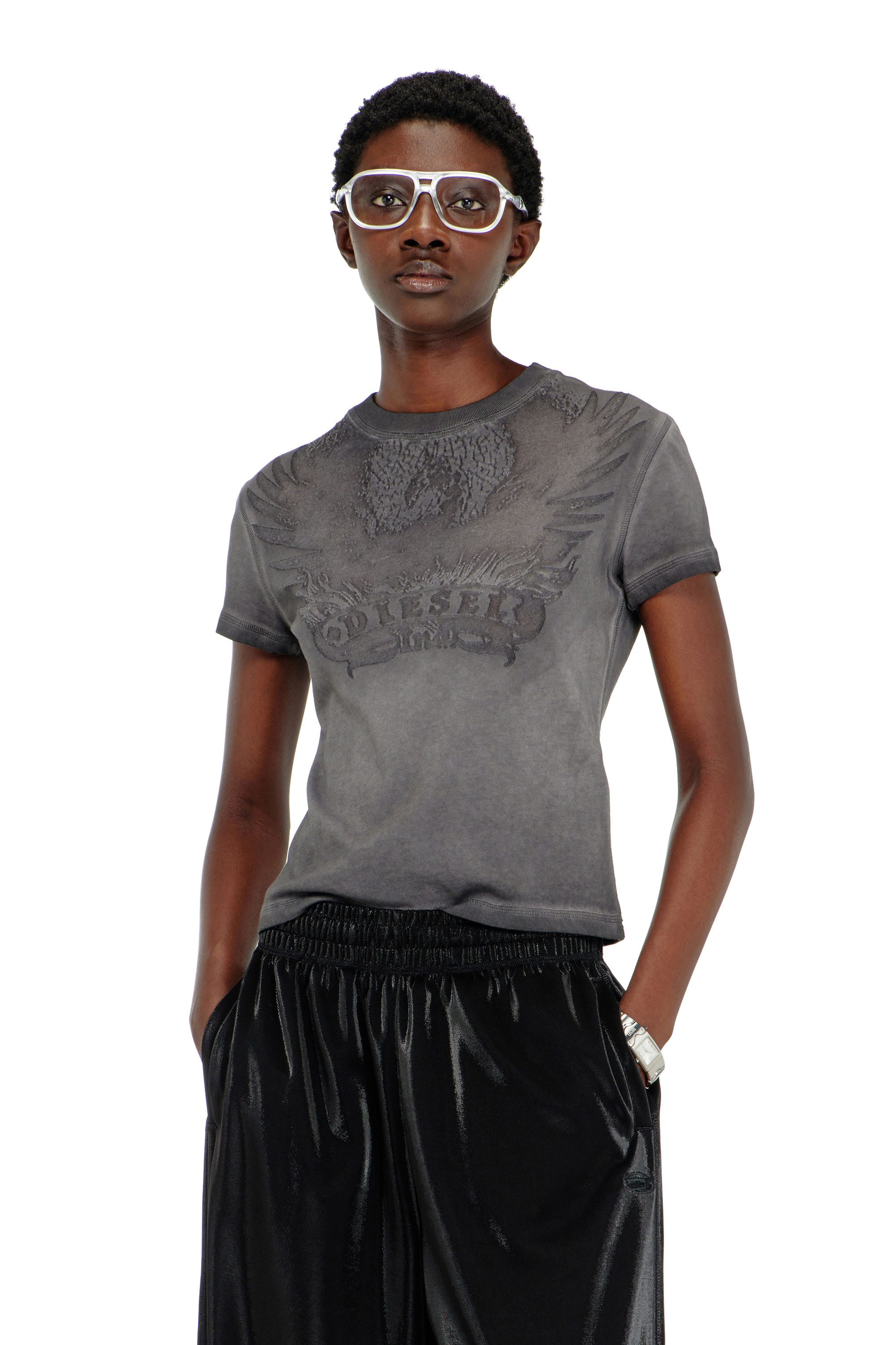 Diesel - T-ILA-AA7, Female's Slim T-shirt with d&eacute;vor&eacute; Phoenix in Dark Grey - 1