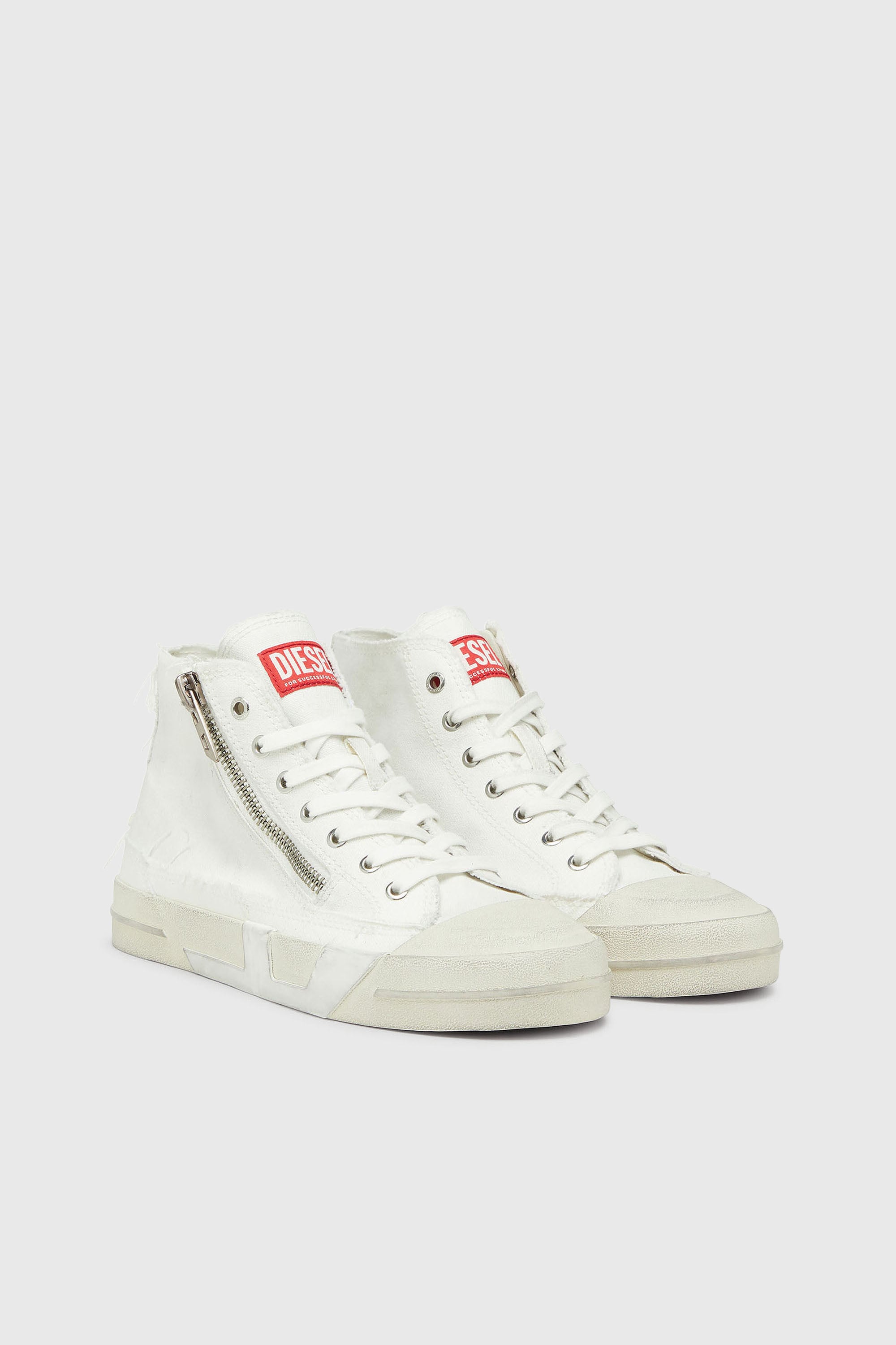 Diesel - S-D-VERSE ZIP MID II, S-D-Verse - Baskets en toile effiloch&eacute;e avec logo D Homme in Blanc - 2