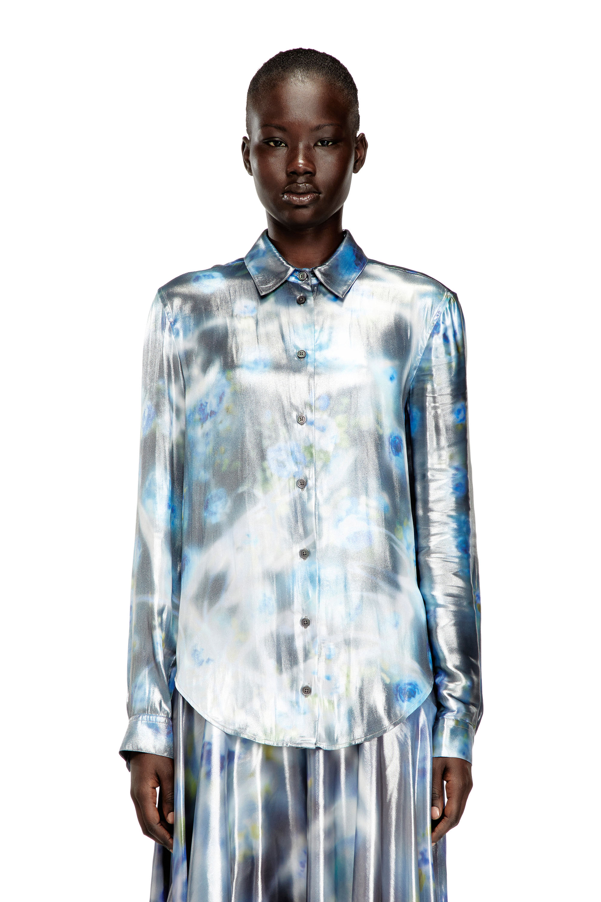 Diesel - C-RONOR-S2, Chemise métallique avec imprimé de roses floues Femme in Bleu - 1