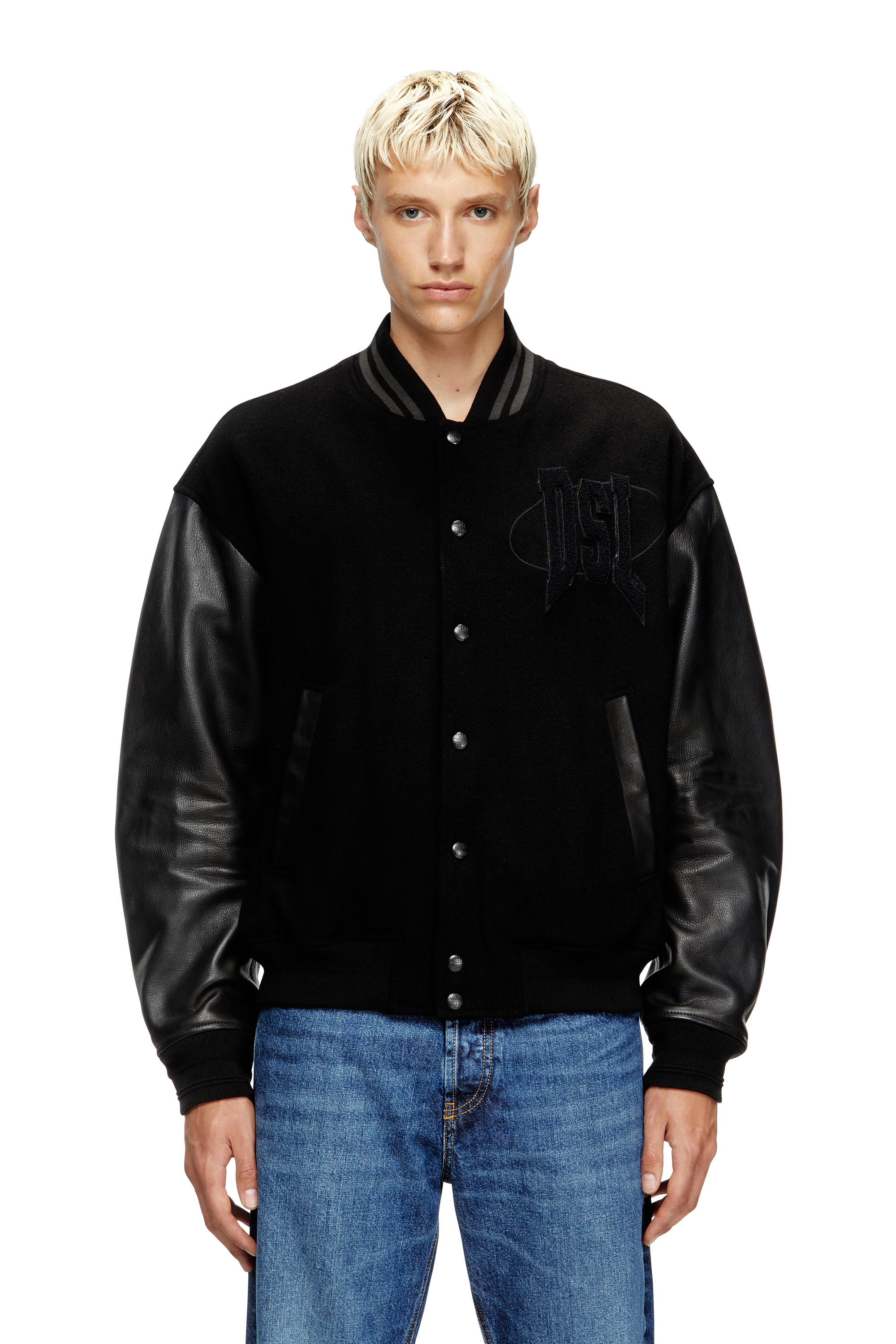 Diesel - L-NYMAN, Veste bomber style universitaire en coton et cuir Homme in Noir - 3