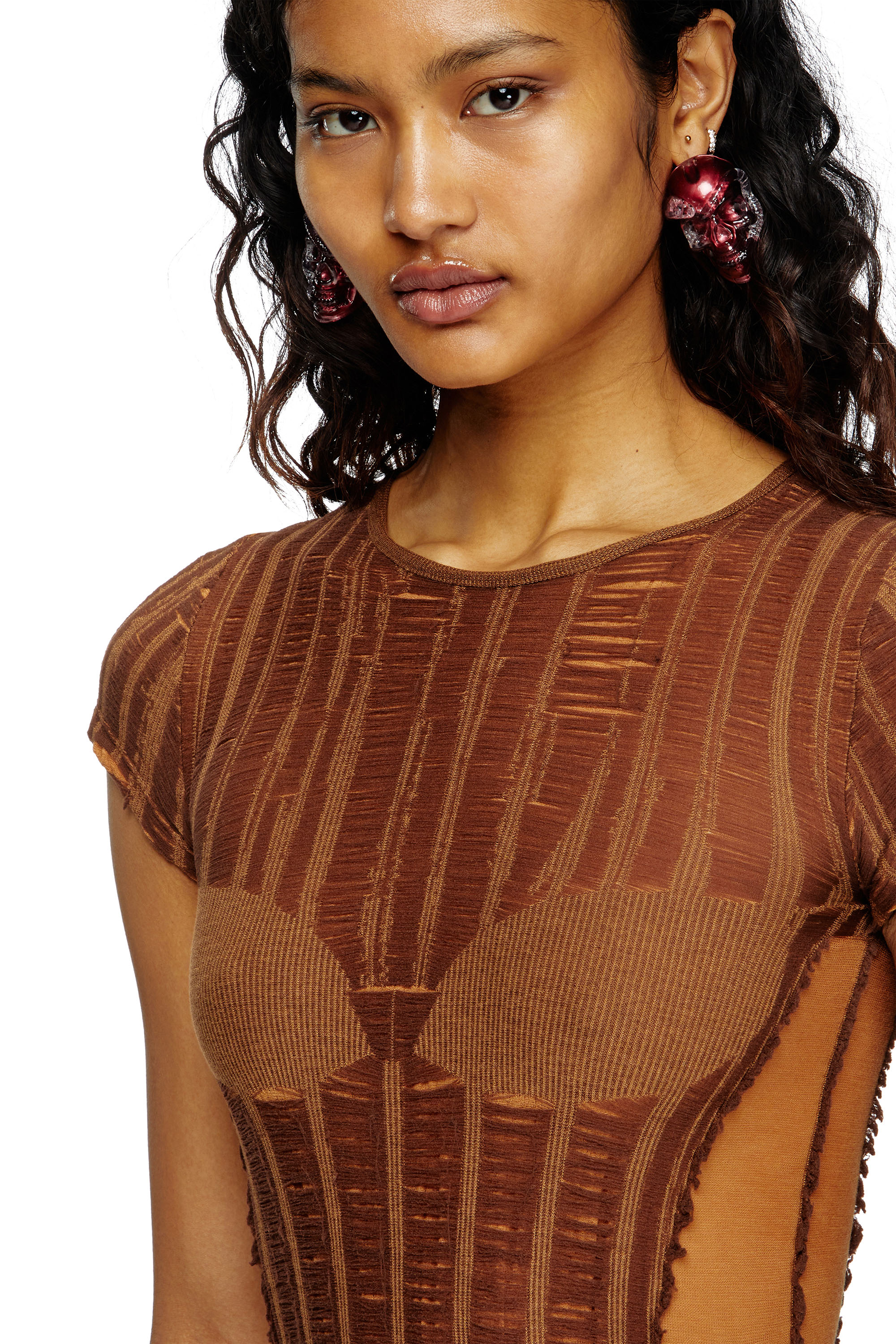 Diesel - M-CALAI-SS, Female's Seamless T-shirt with lingerie illusion in Brown - 4
