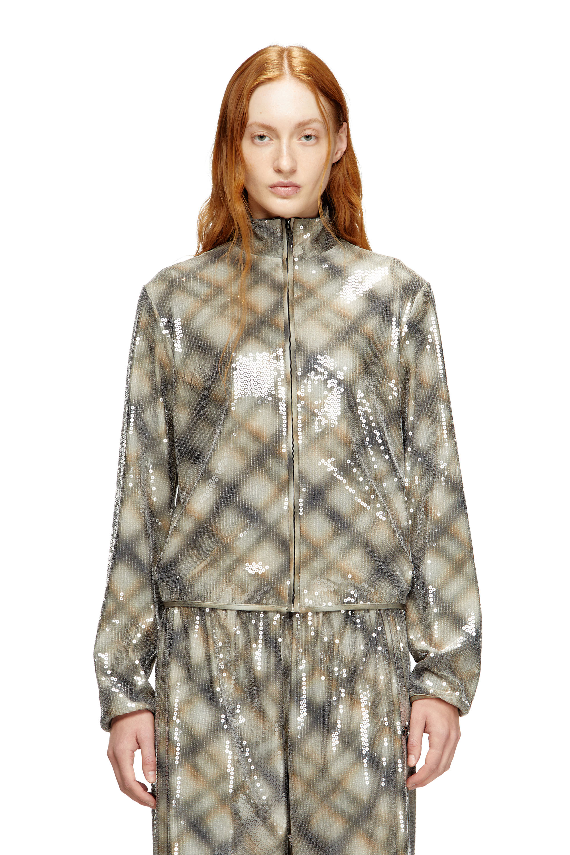 Diesel - F-EREQUINS, Woman's Sequined sweater with plaid design in Beige/Grey - 1