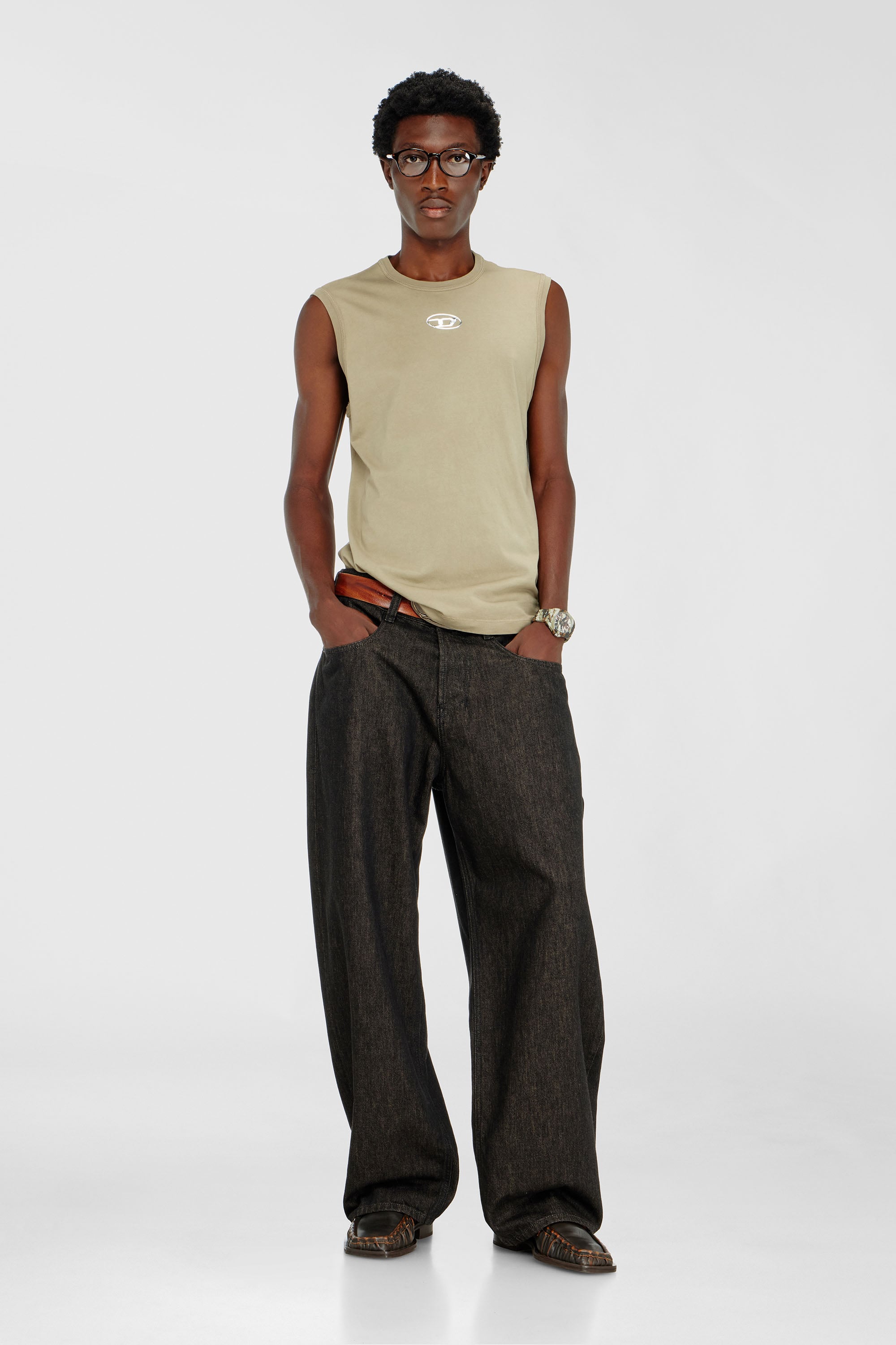 Diesel - T-BISCO-IOD, Man's Cotton tank top with metallic Oval D in Beige - 1