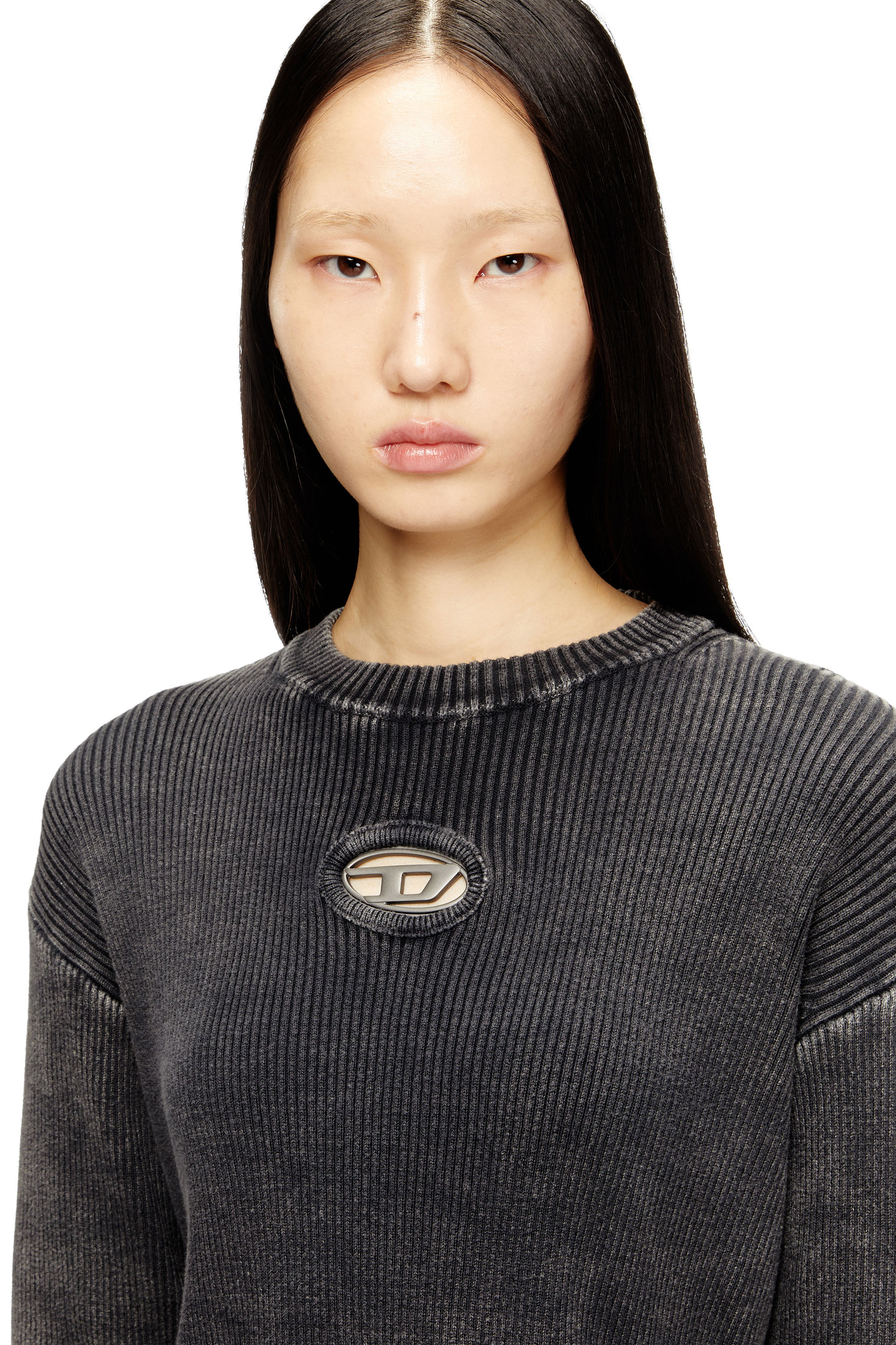 Diesel - M-ANCHOREX, Jersey de canalé con aberturas y placa Oval D Mujer in Gris - 5