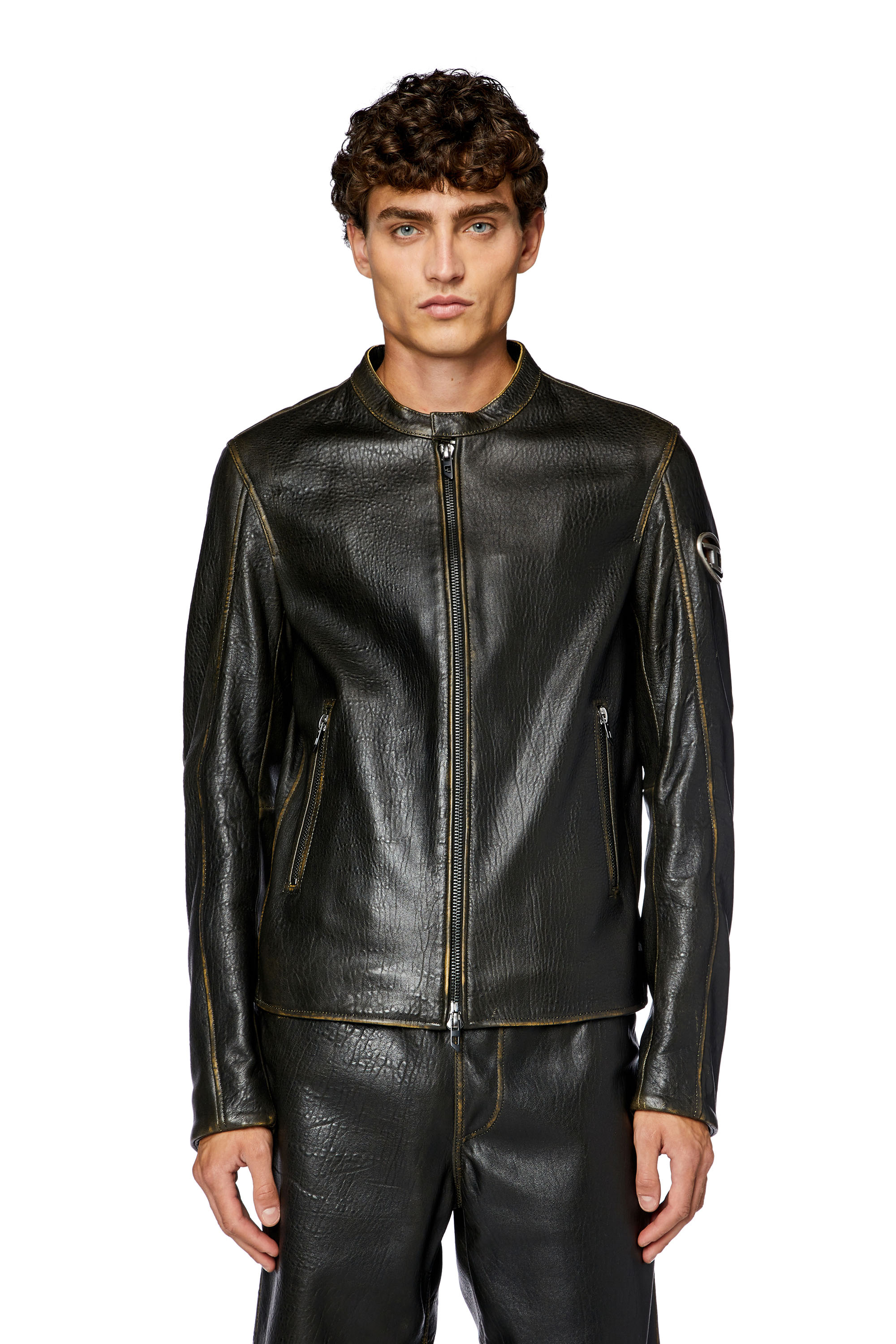 Diesel - L-COBBE, Man's Biker jacket in wrinkled leather in Brown - 6