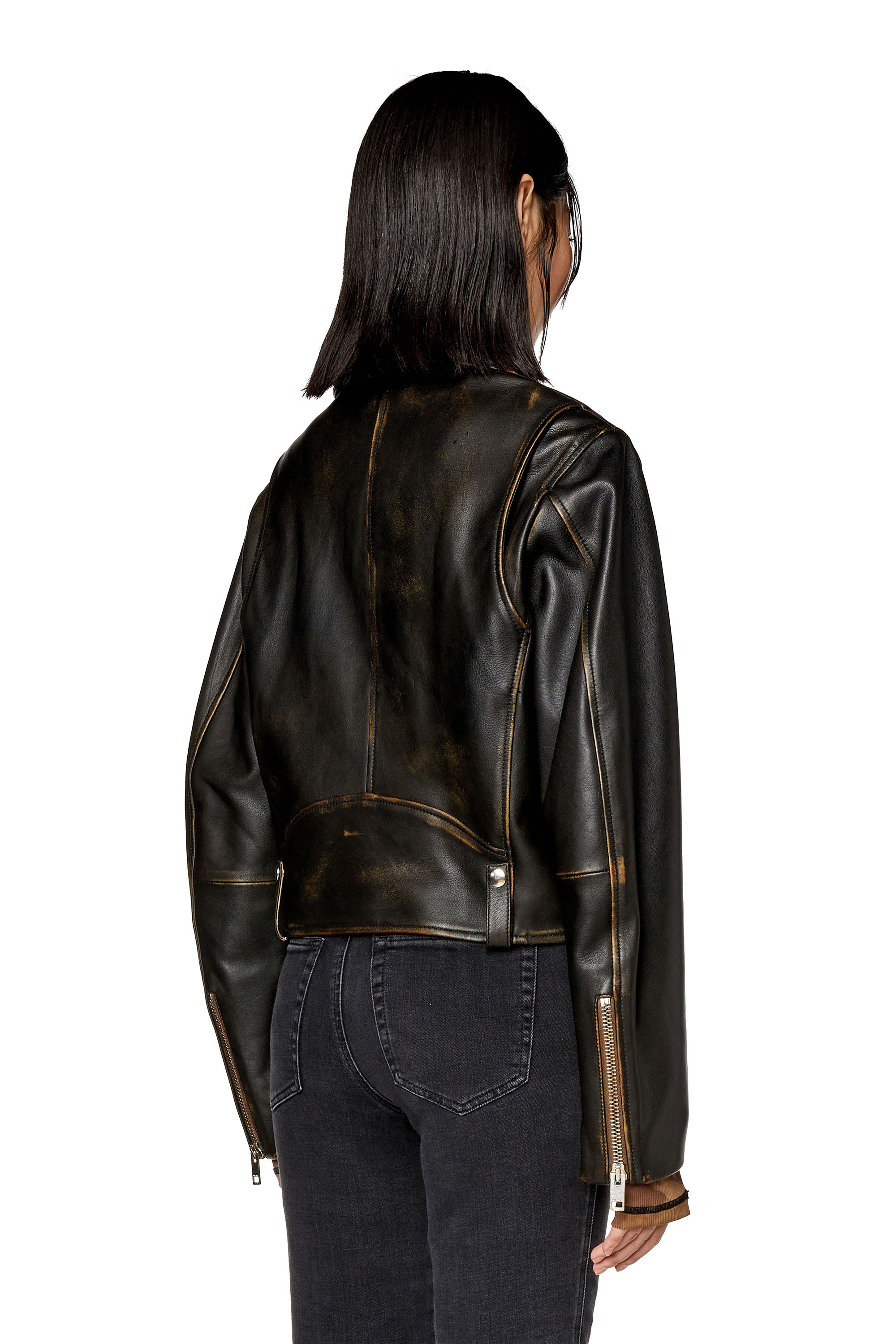 Diesel - L-EDME, Veste biker en cuir foulonné Femme in Noir - 4