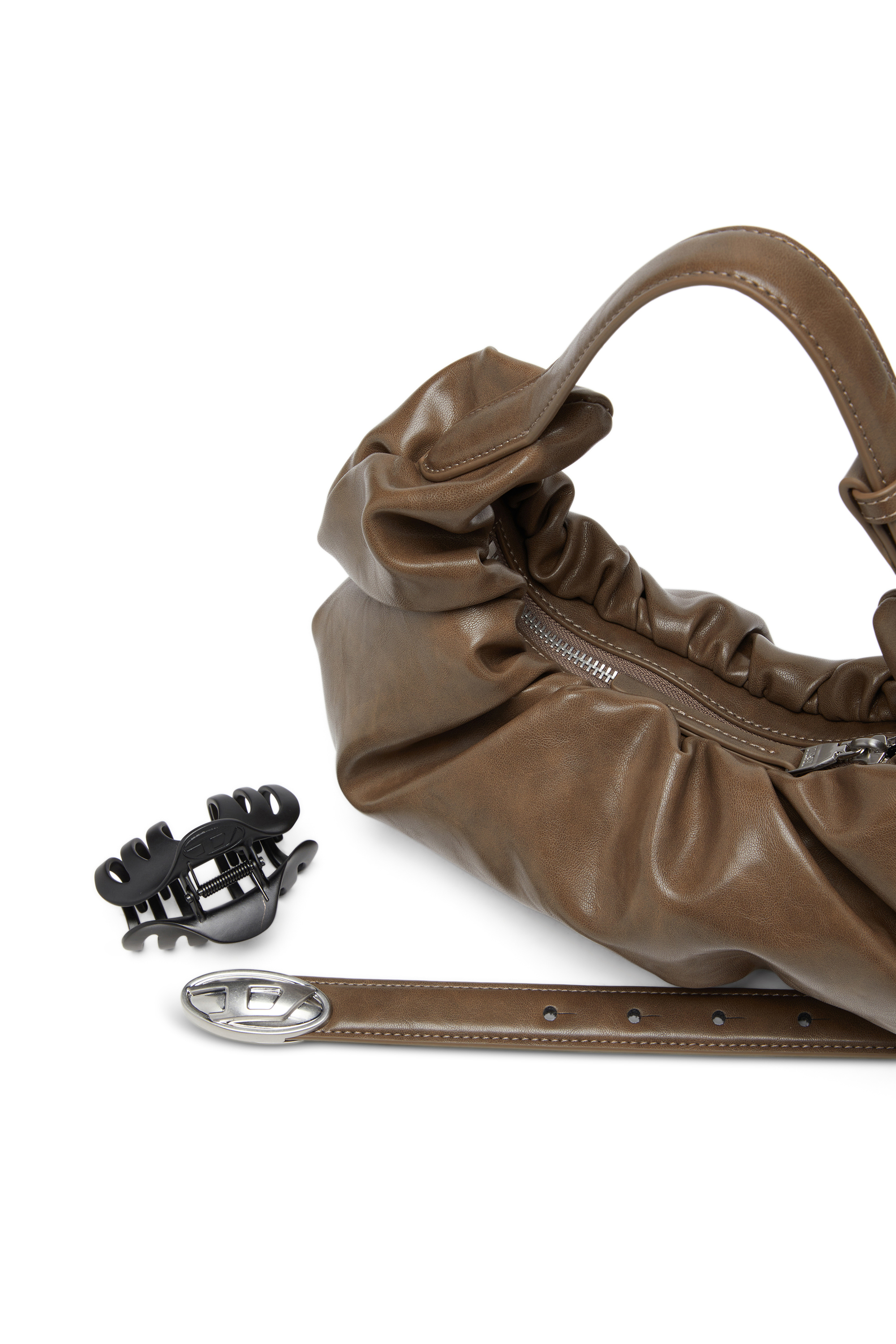 Diesel - GRAB-D HOBO S, Female's Grab-D S-Small scrunched hobo bag in shiny PU in Brown - 5