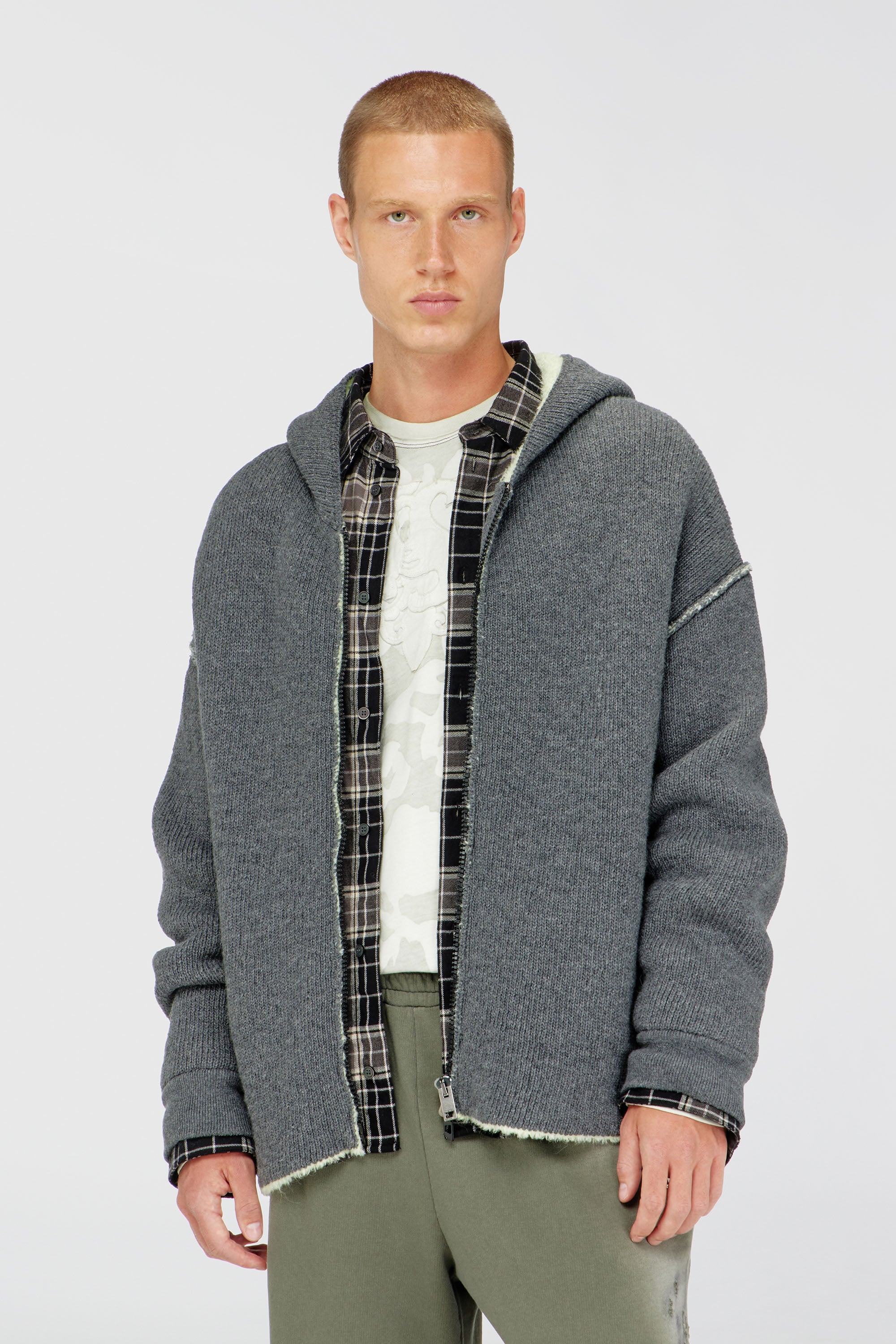 Diesel - K-BOUBBY, Man's Zip-up hoodie in dual-texture knit in Grey - 3