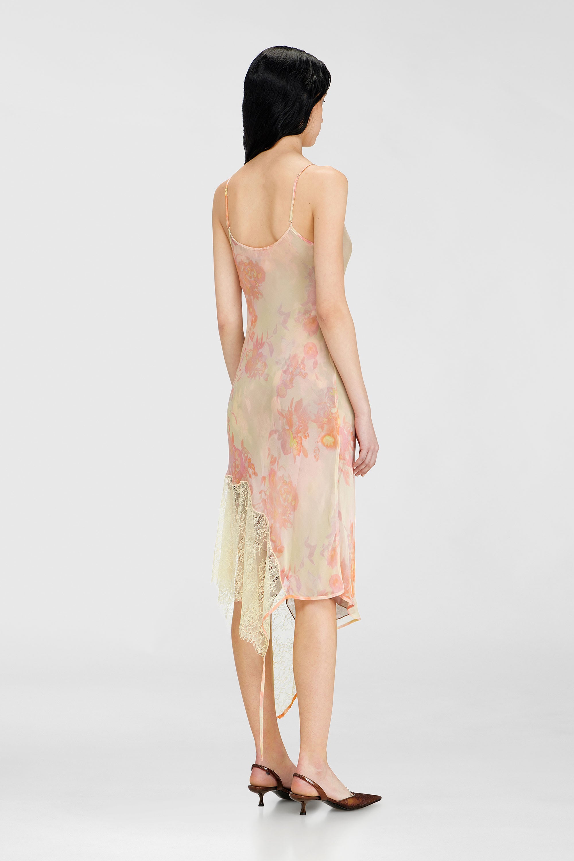 Diesel - D-ANCEL, Female's Midi slip dress with floral print and lace trim in Pink/Yellow - 4