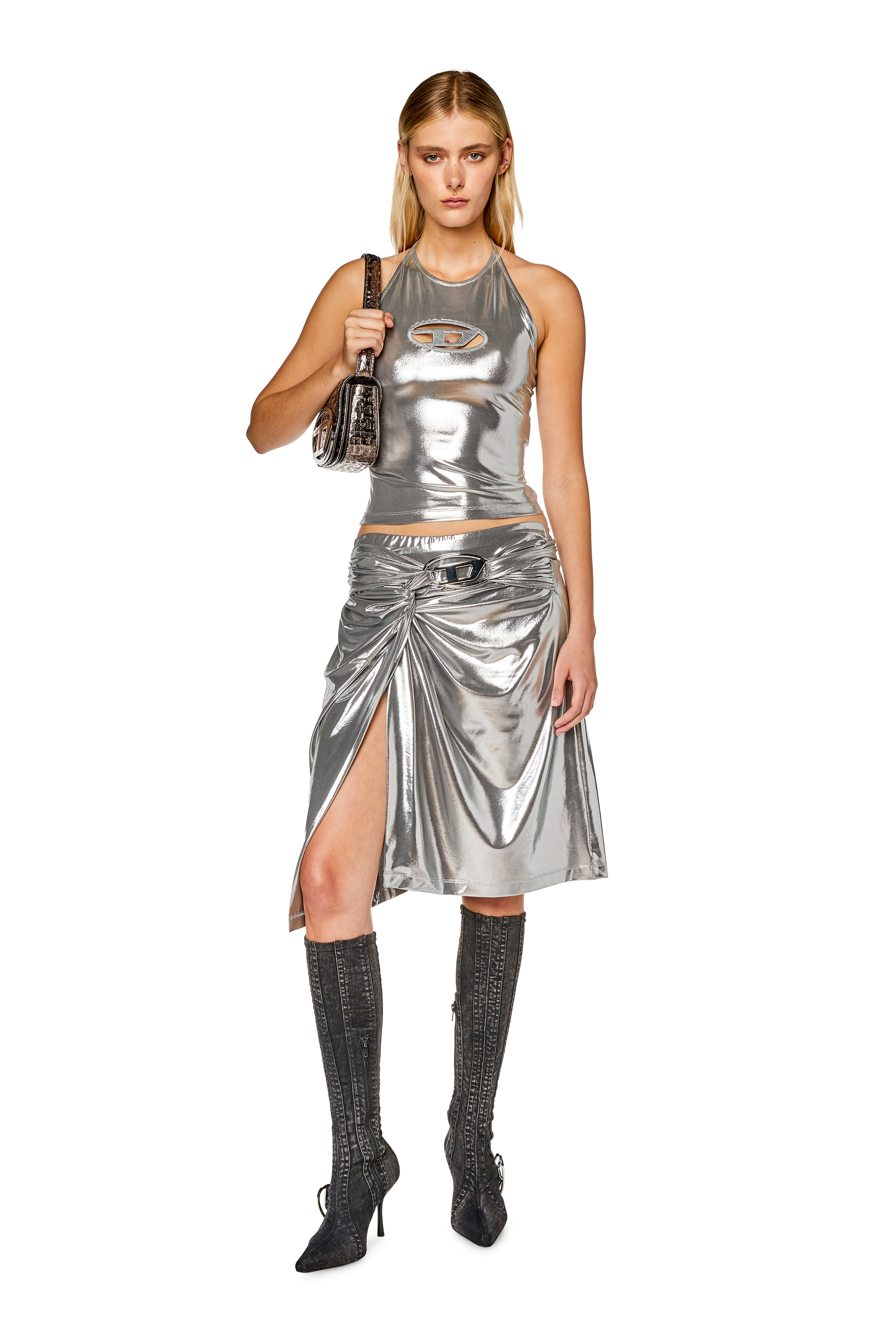 Diesel - T-SALILA-OD, Female's Halterneck top with foil coating in Silver - 1