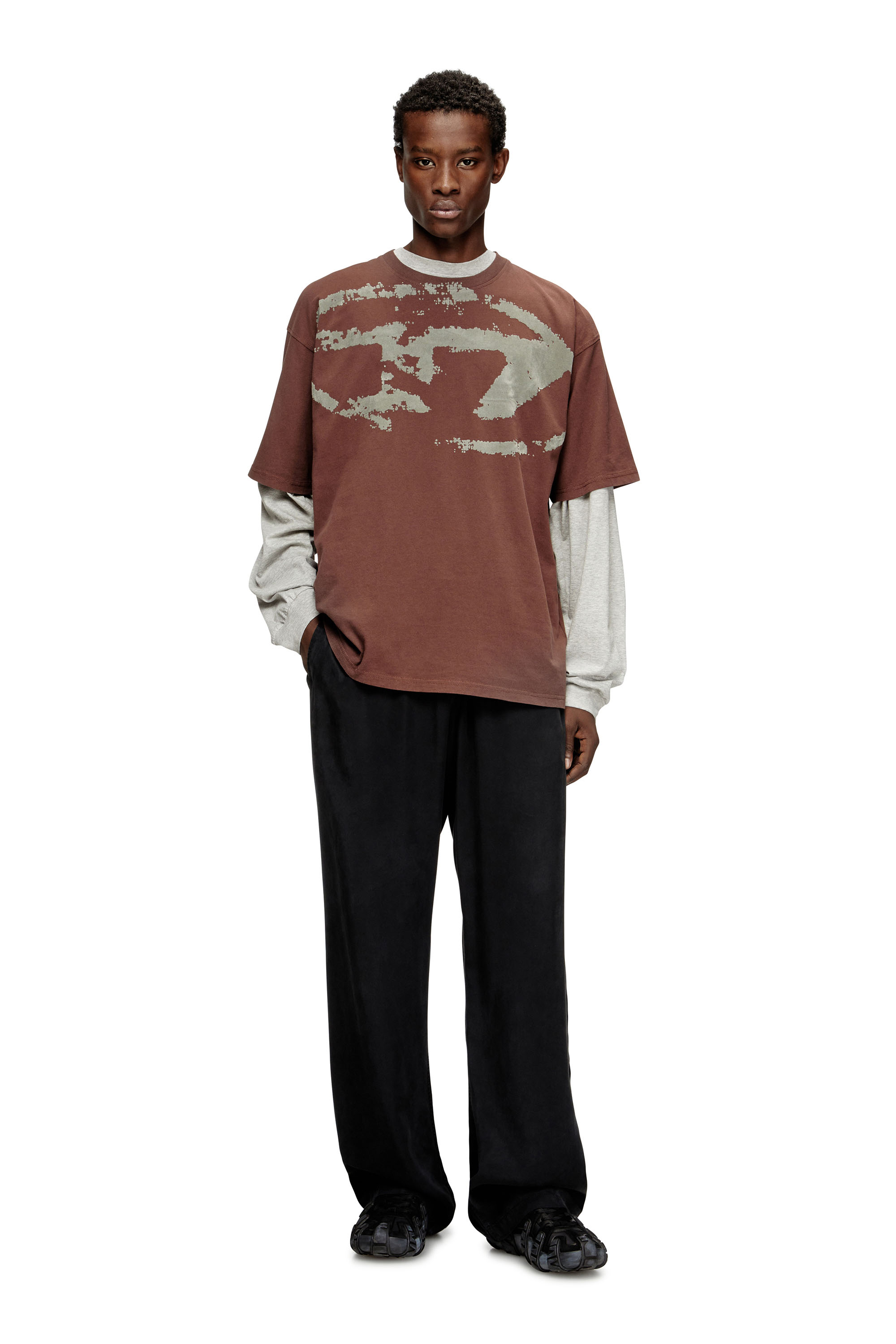 Diesel - T-BOXT-N14, Male's T-shirt with distressed flocked logo in Brown - 1