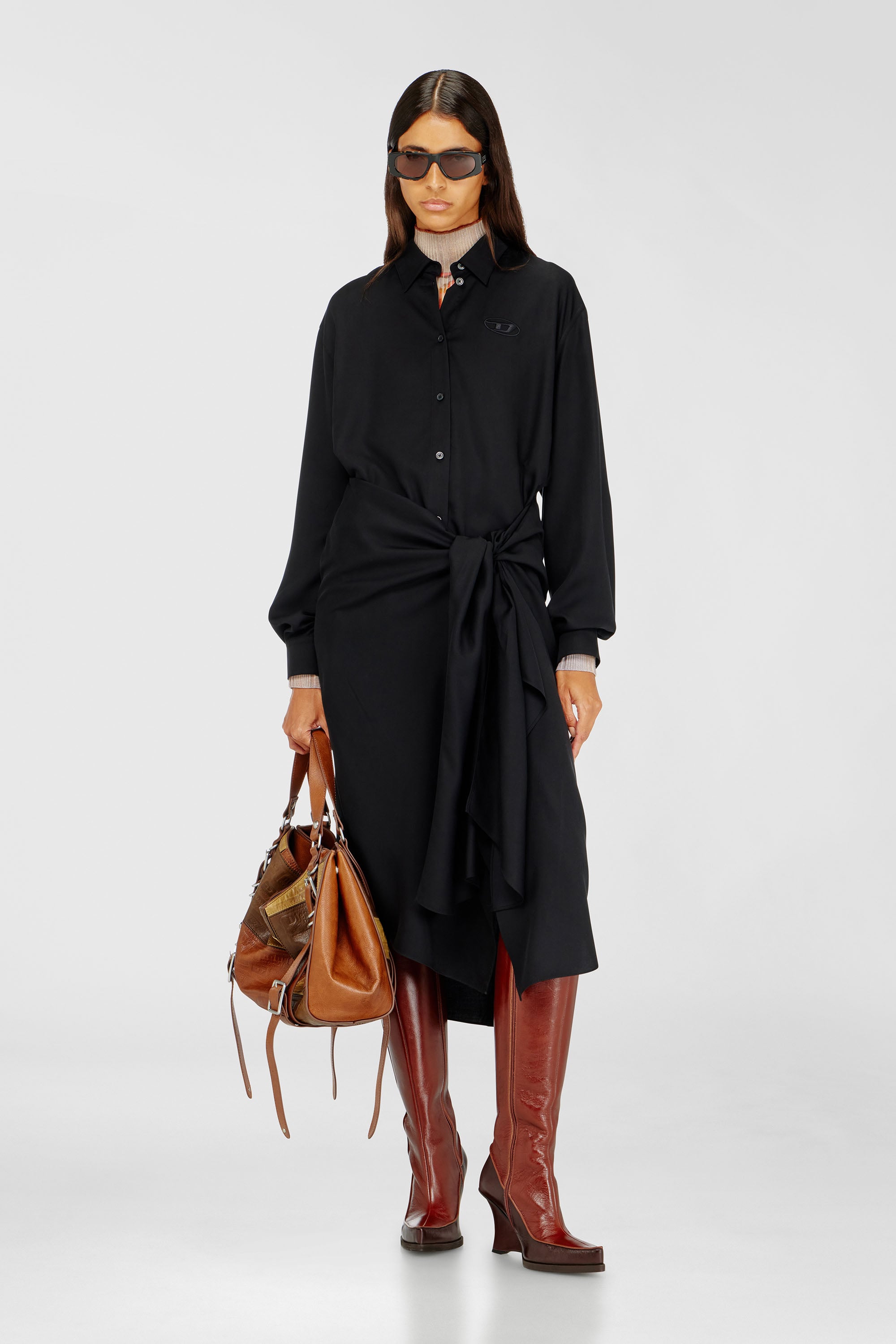 Diesel - D-ILETTA-S1, Vestido camisero midi con detalle retorcido Mujer in Negro - 1