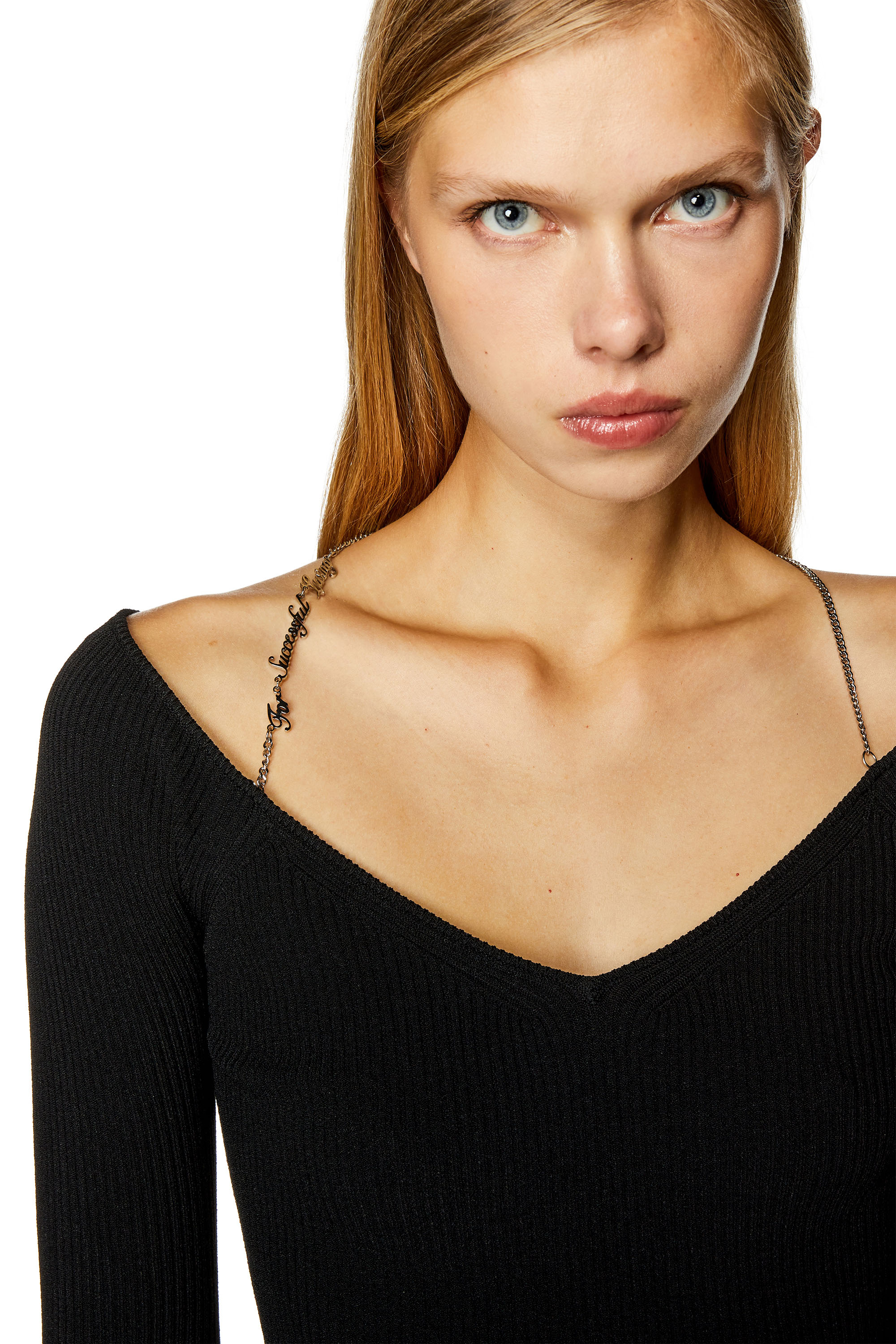 Diesel - M-APRIL, Woman's Ribbed top with logo chain strap in Black - 5
