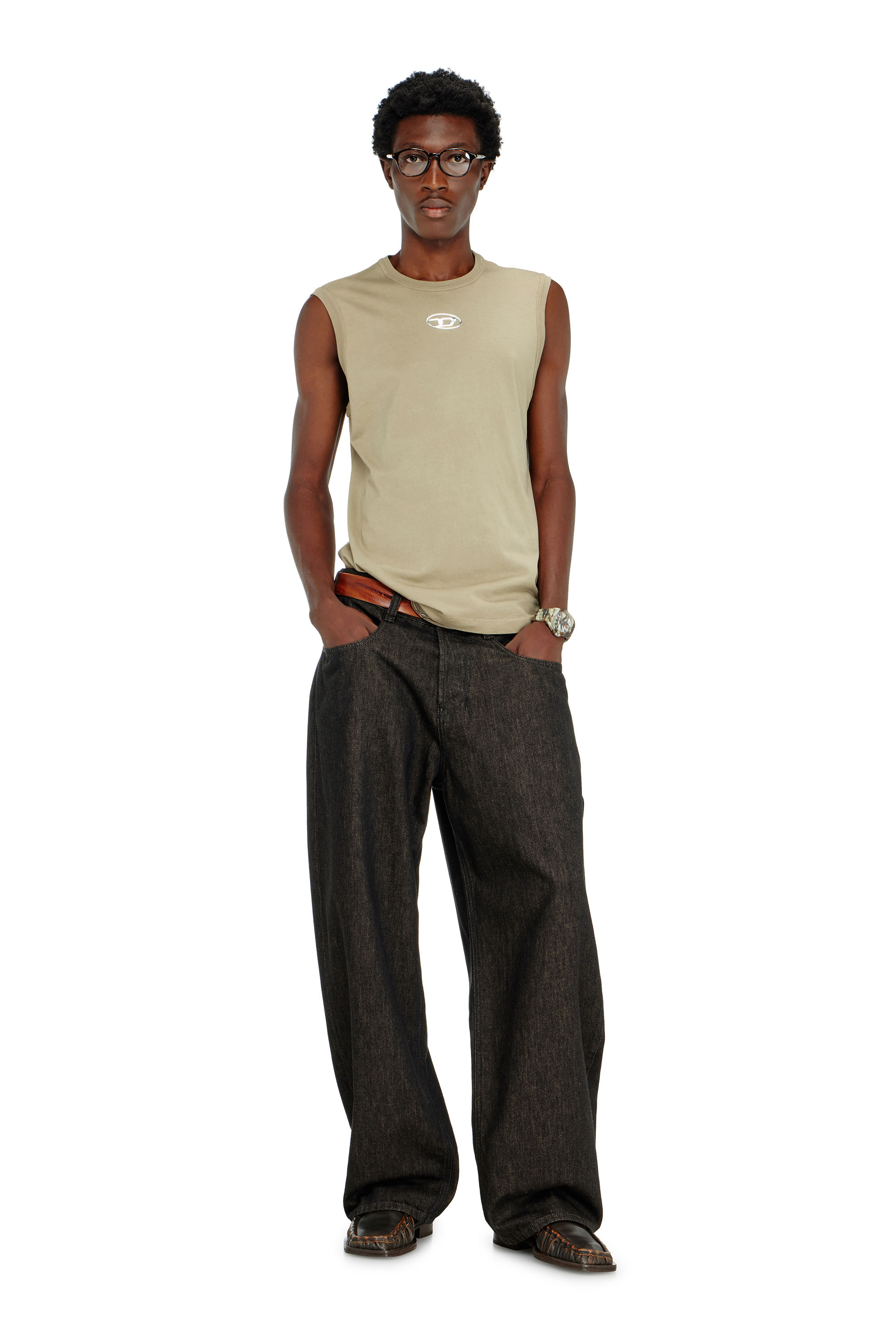 Diesel - T-BISCO-IOD, Man's Cotton tank top with metallic Oval D in Beige - 2