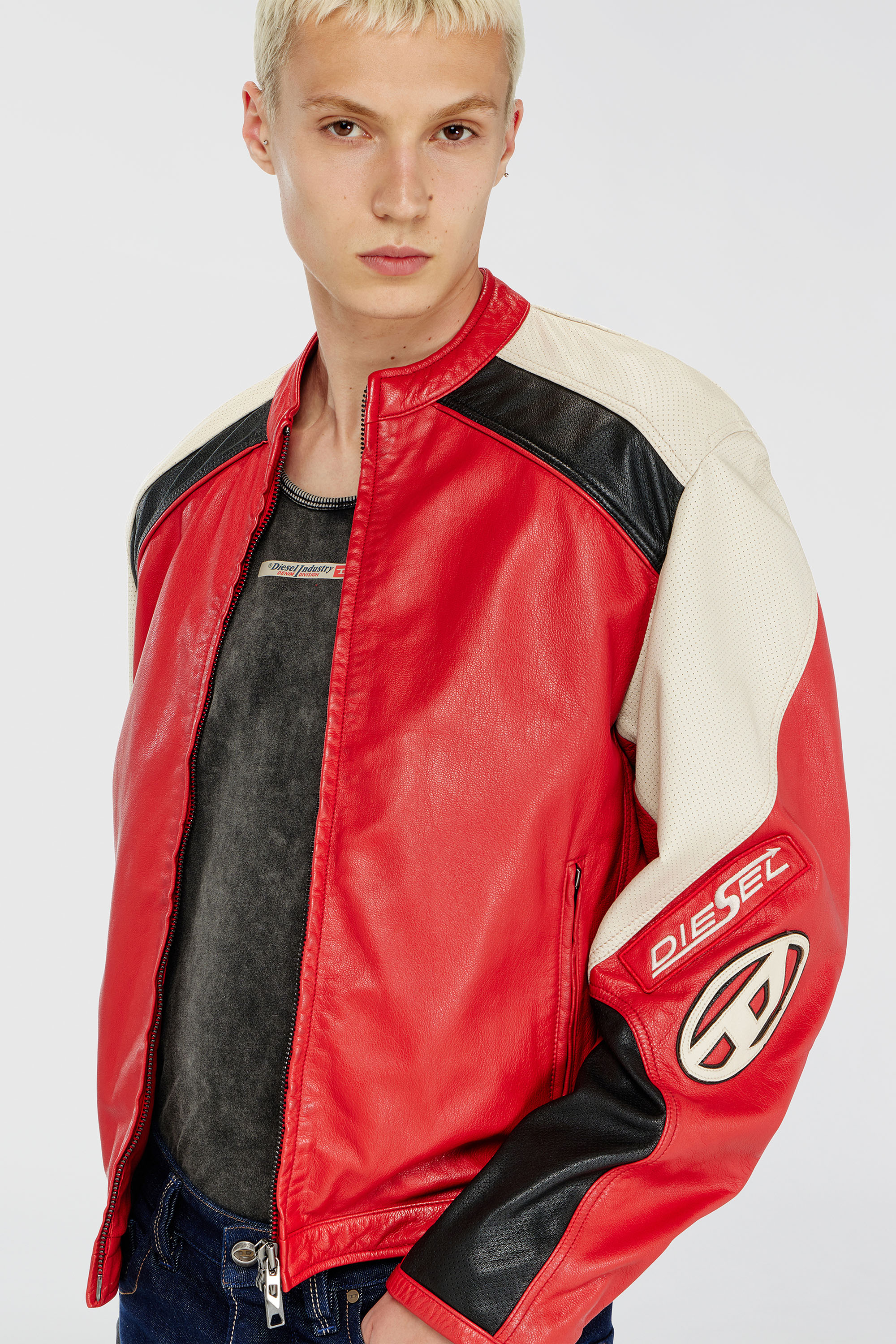 Diesel - L-AHTI, Man's Biker jacket in colour-block perforated leather in Beige/Red - 4