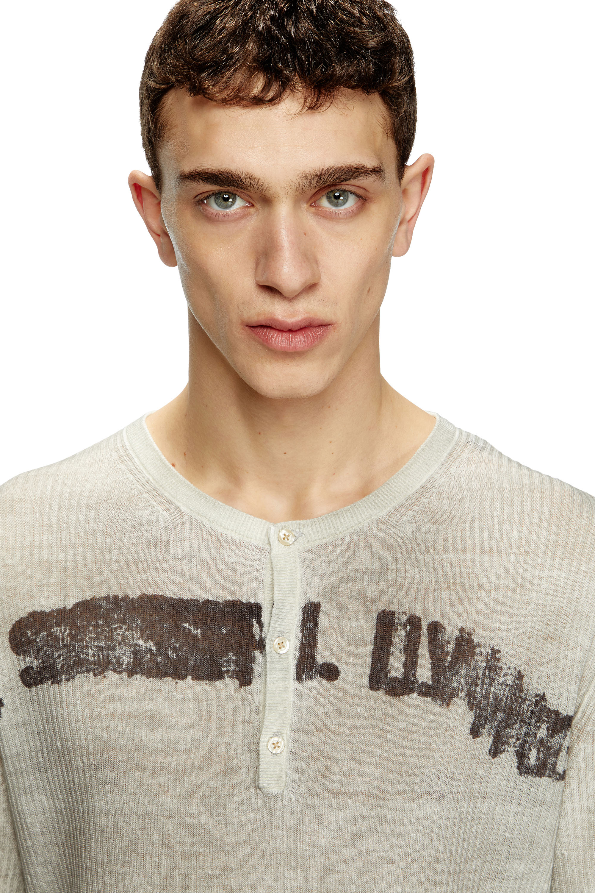 Diesel - K-ROBBY, Pull Henley effet sali, en lin Mixte in Beige - 4