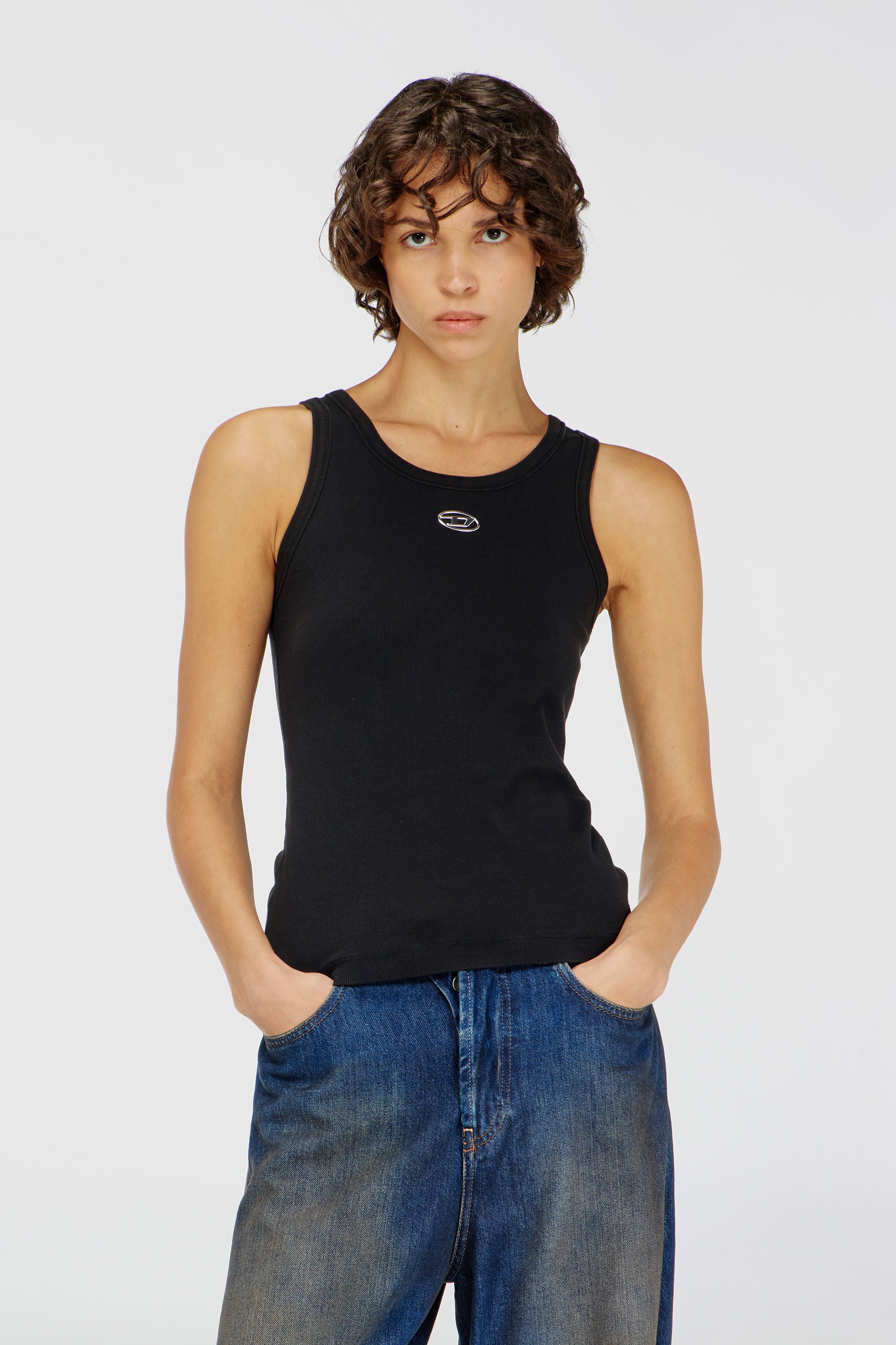 Diesel - T-ANKI-OD, Camiseta de tirantes ajustada y acanalada con &Oacute;valo D met&aacute;lico Mujer in Negro - 1