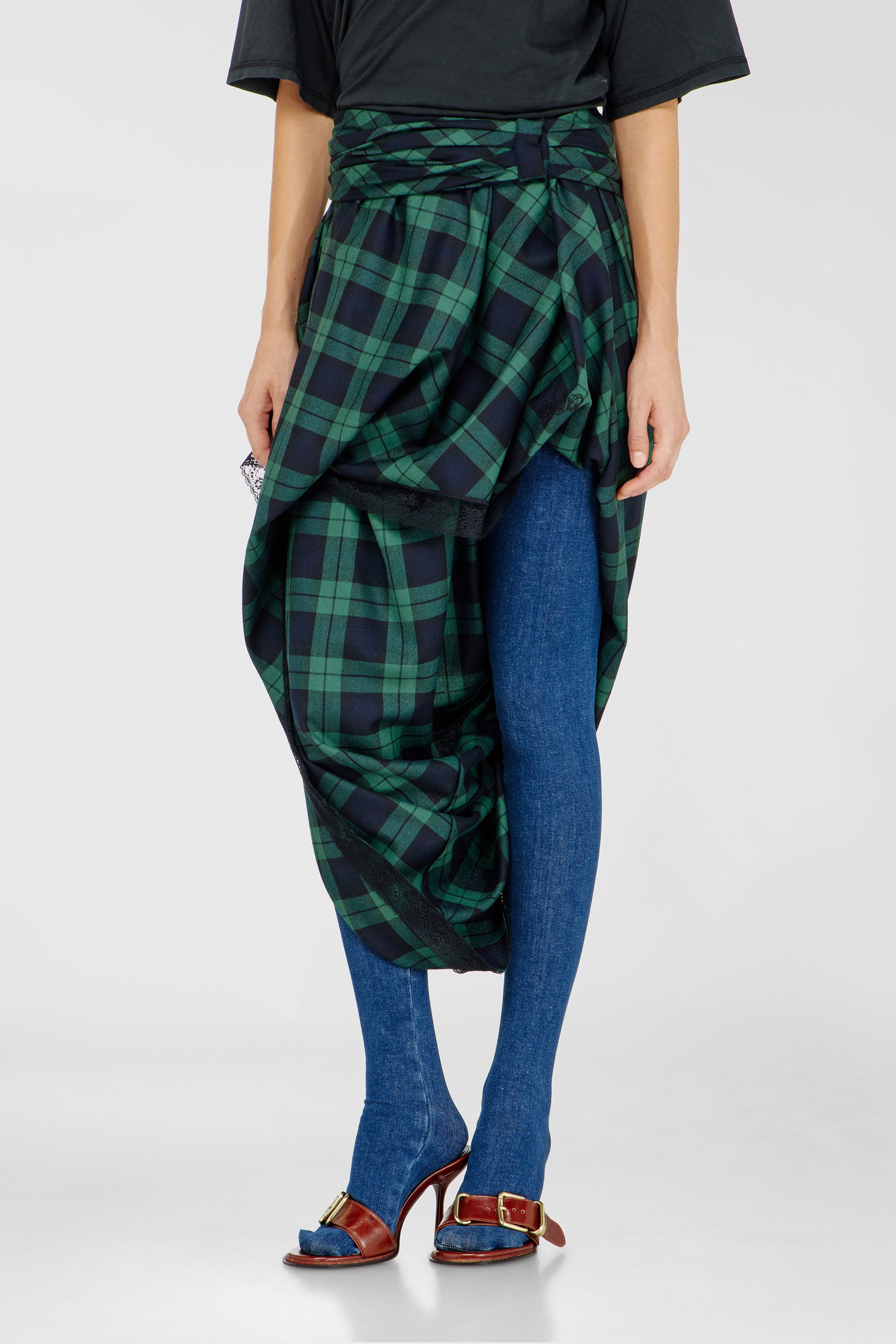 Diesel - O-WINNY, Female's Draped tartan midi skirt with lace trim in Green/Blue - 1