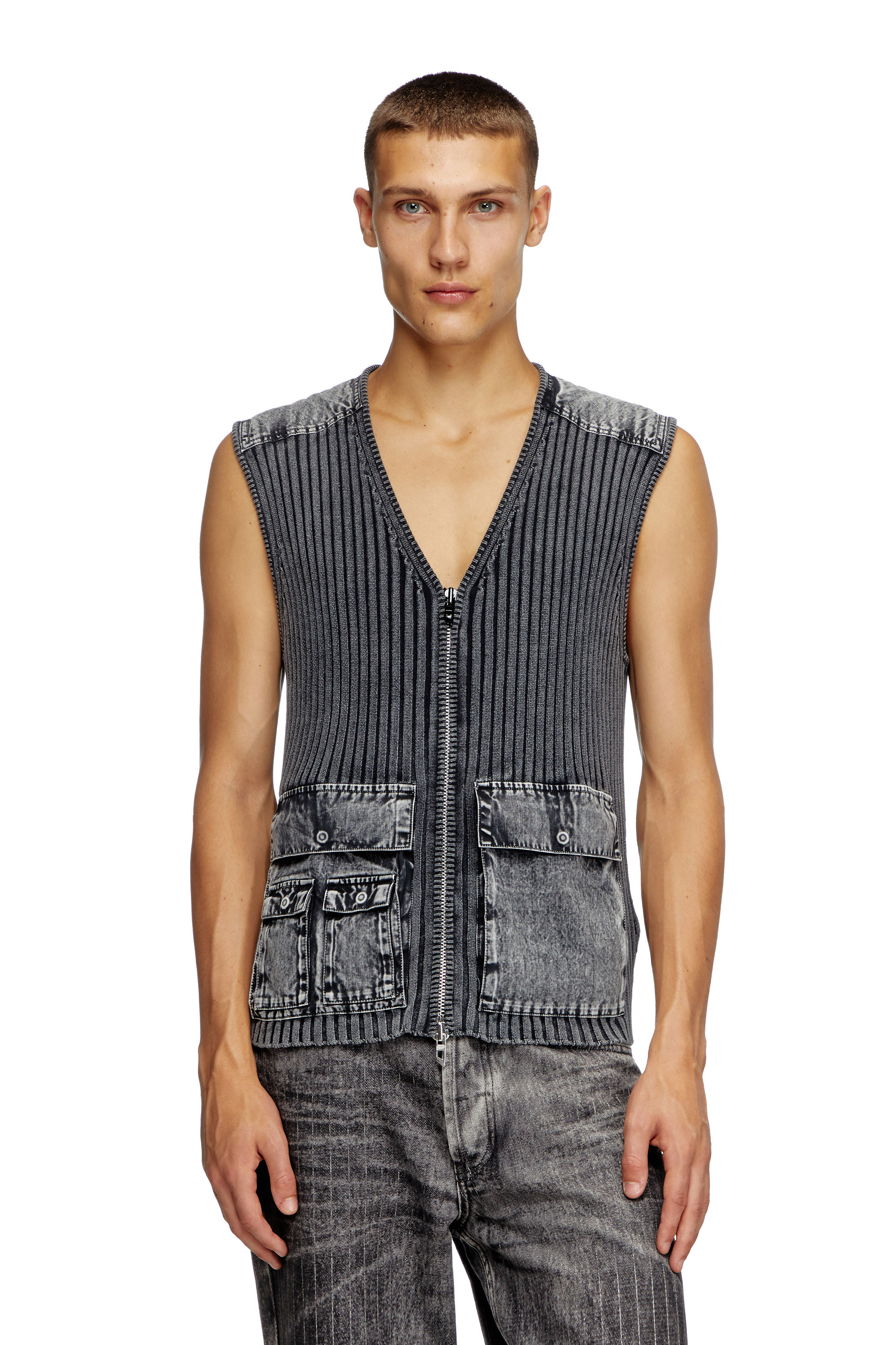 Diesel - K-MARGIE, Gilet utilitaire en maille côtelée et denim Homme in Gris - 4