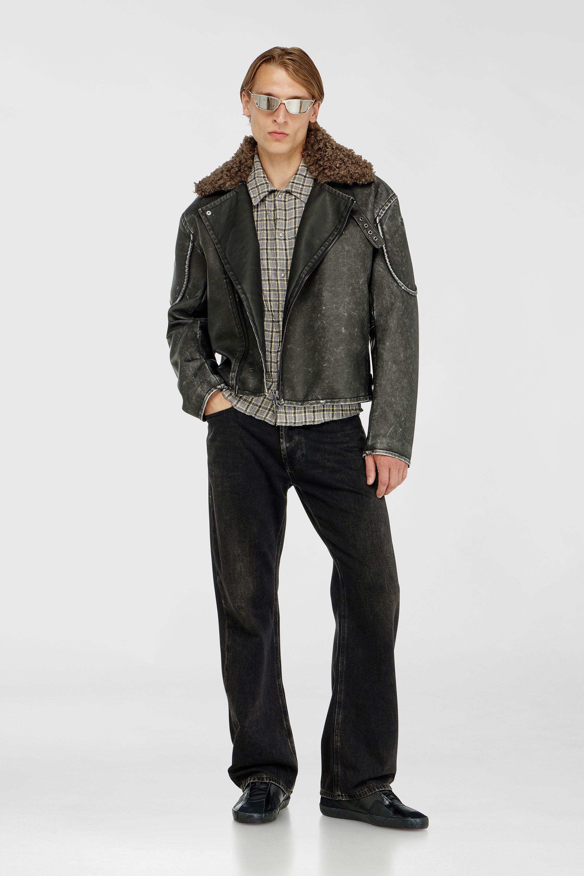 Diesel - W-ALEX, Male's Biker jacket with detachable collar in Dark Grey - 2