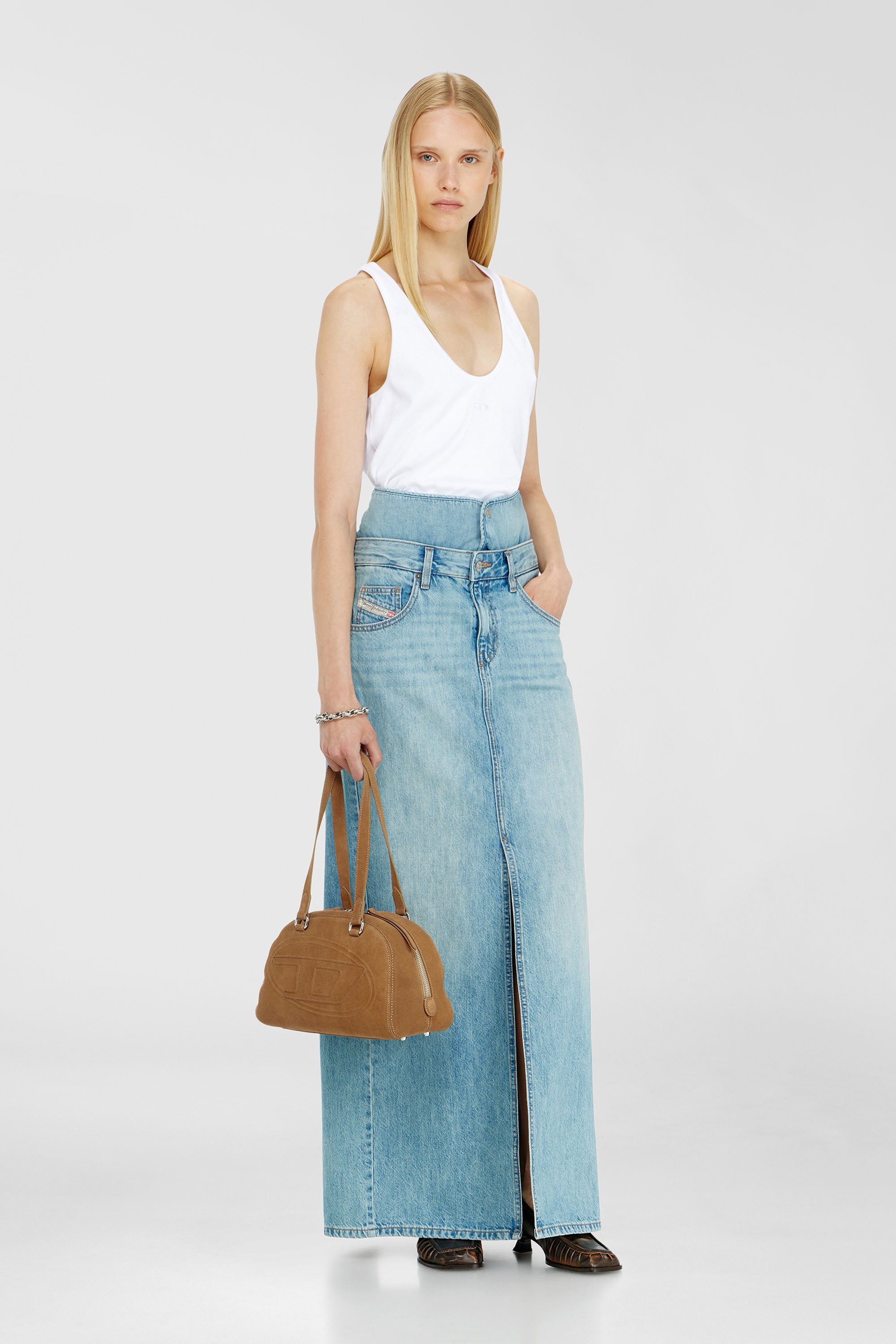 Diesel - DE-SPIVEY, Female's Jean-illusion denim maxi skirt with slits in Light Blue - 1