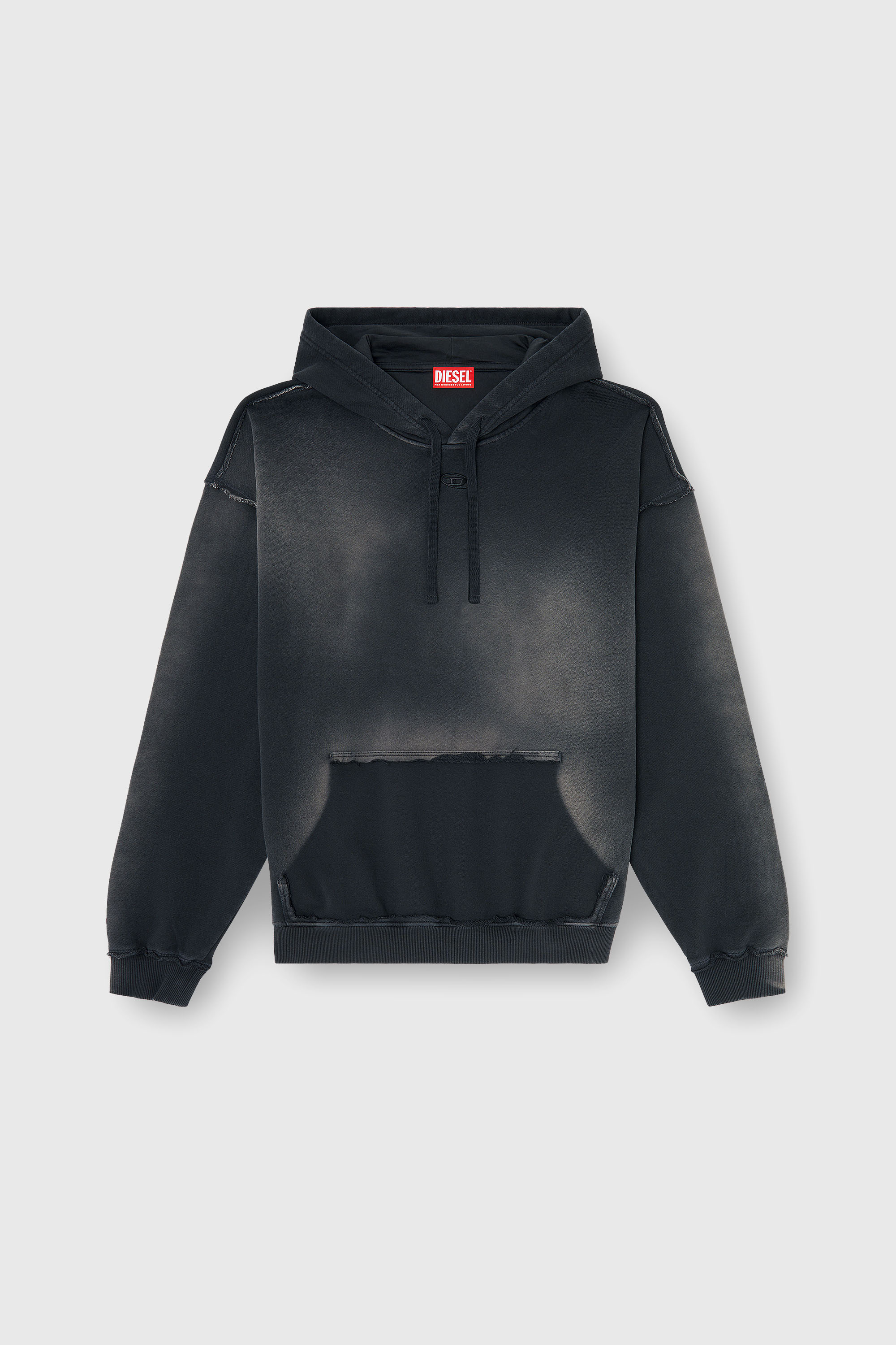 Diesel - S-POCK-HOOD, Male's Faded cotton hoodie with frayed details in Black/Grey - 2