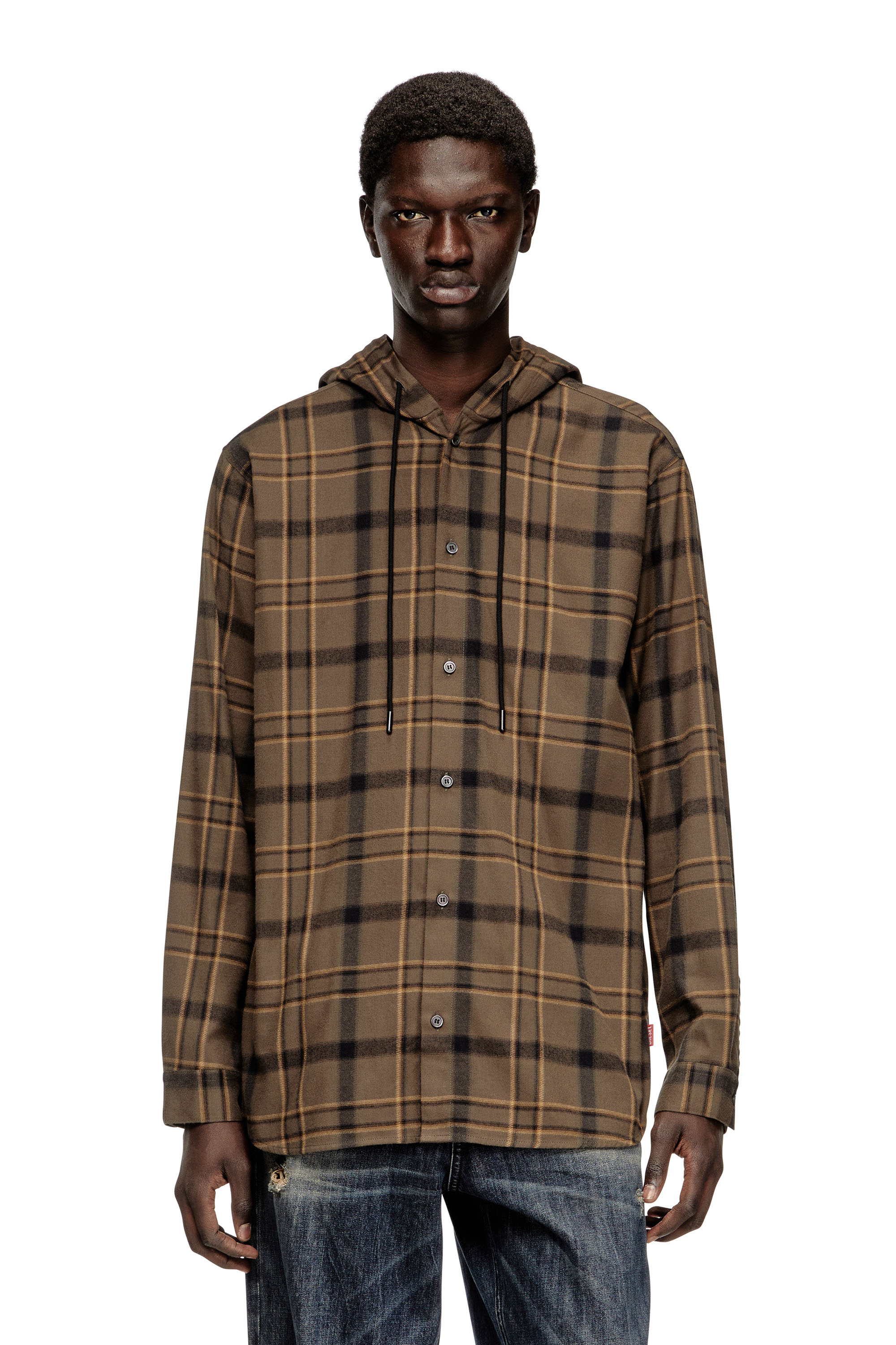Diesel - S-IX, Man's Hooded shirt in check flannel with logo in Brown - 1