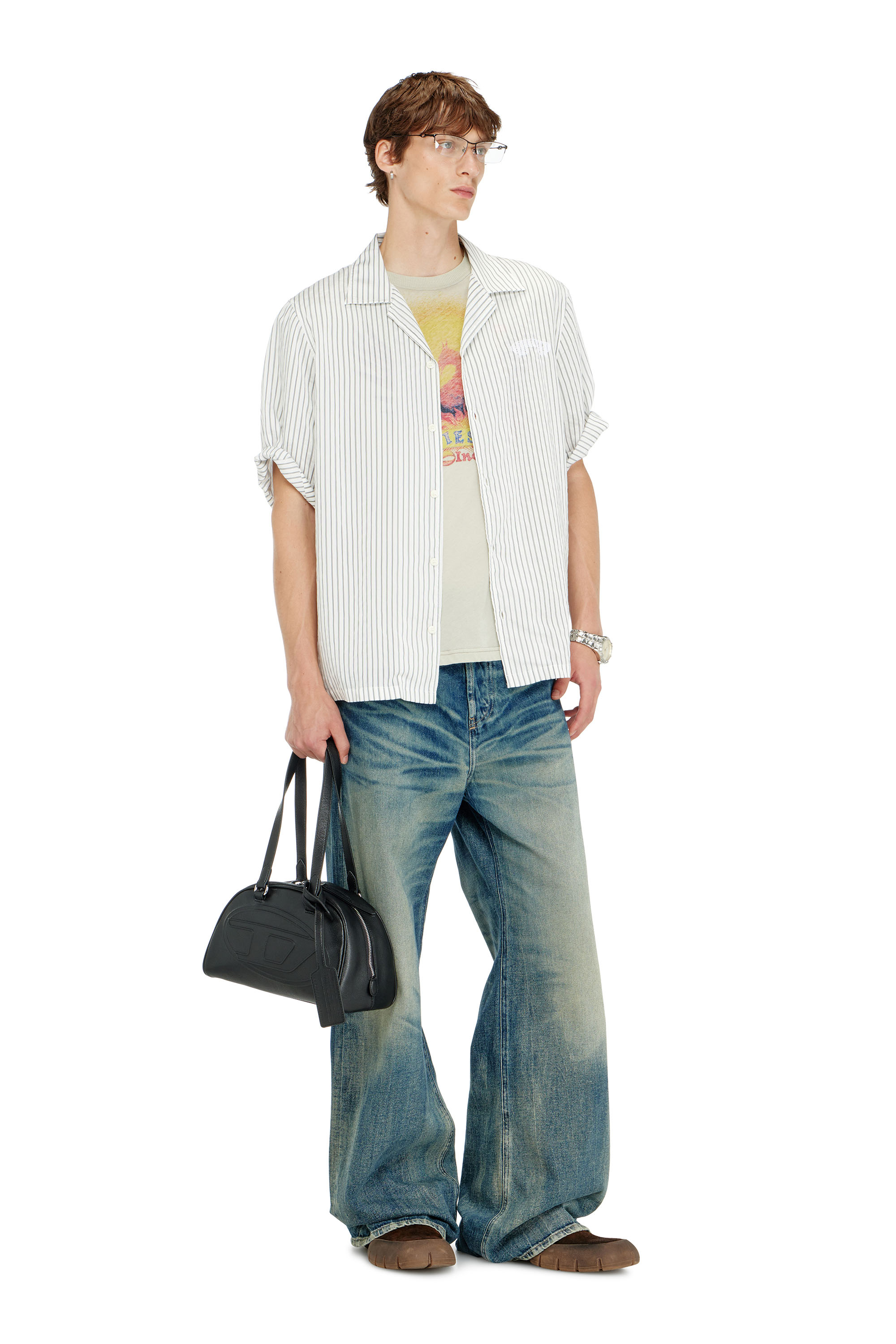 Diesel - S-MAC-EFBV, Male's Half-sleeve shirt in pinstripe modal in White/Grey - 2