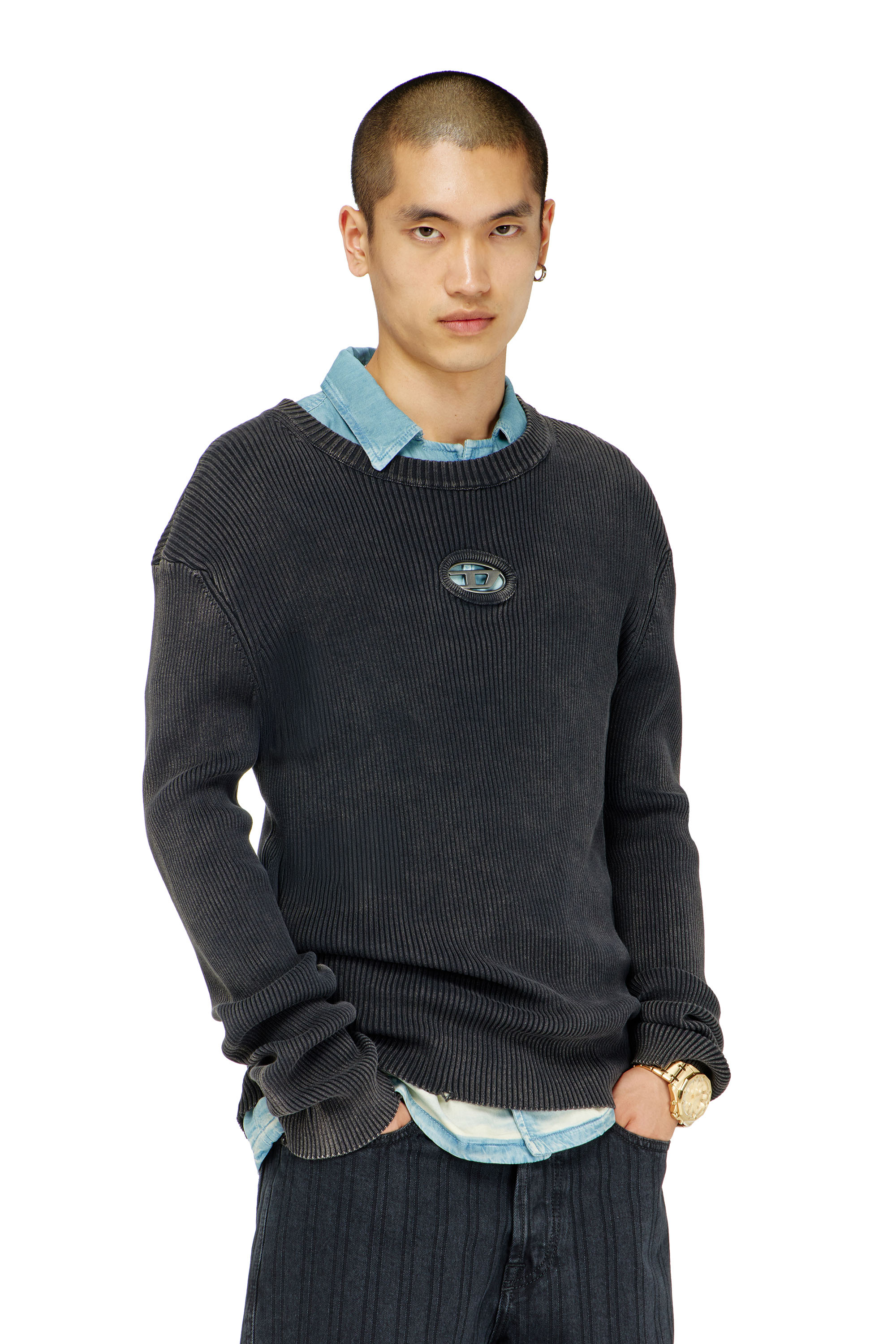 Diesel - K-DARIN-D, Man's Distressed jumper with cut-out logo in Black - 3