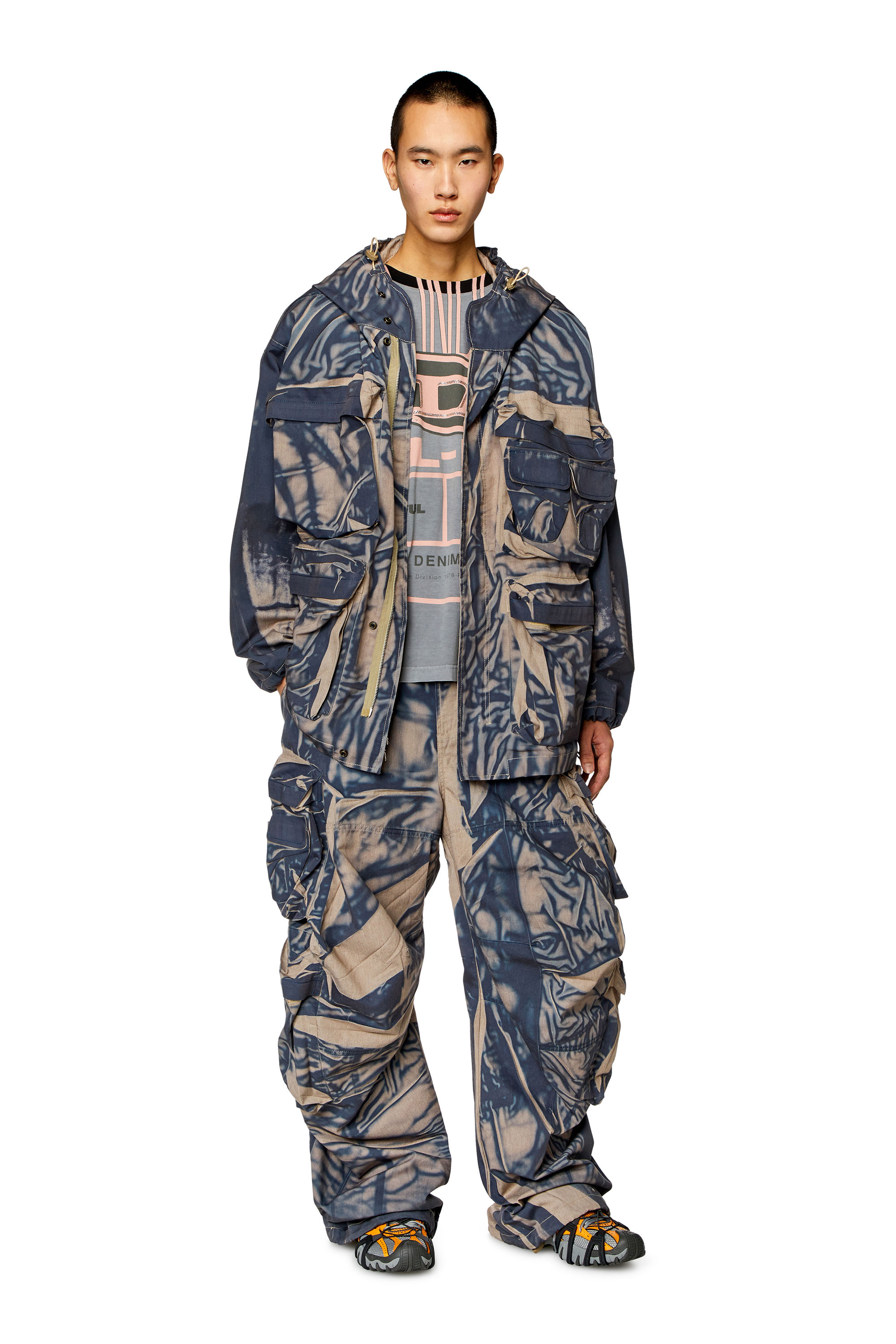 Diesel - J-CADMUS, Man's Cargo jacket with creased print in Beige/Blue - 1