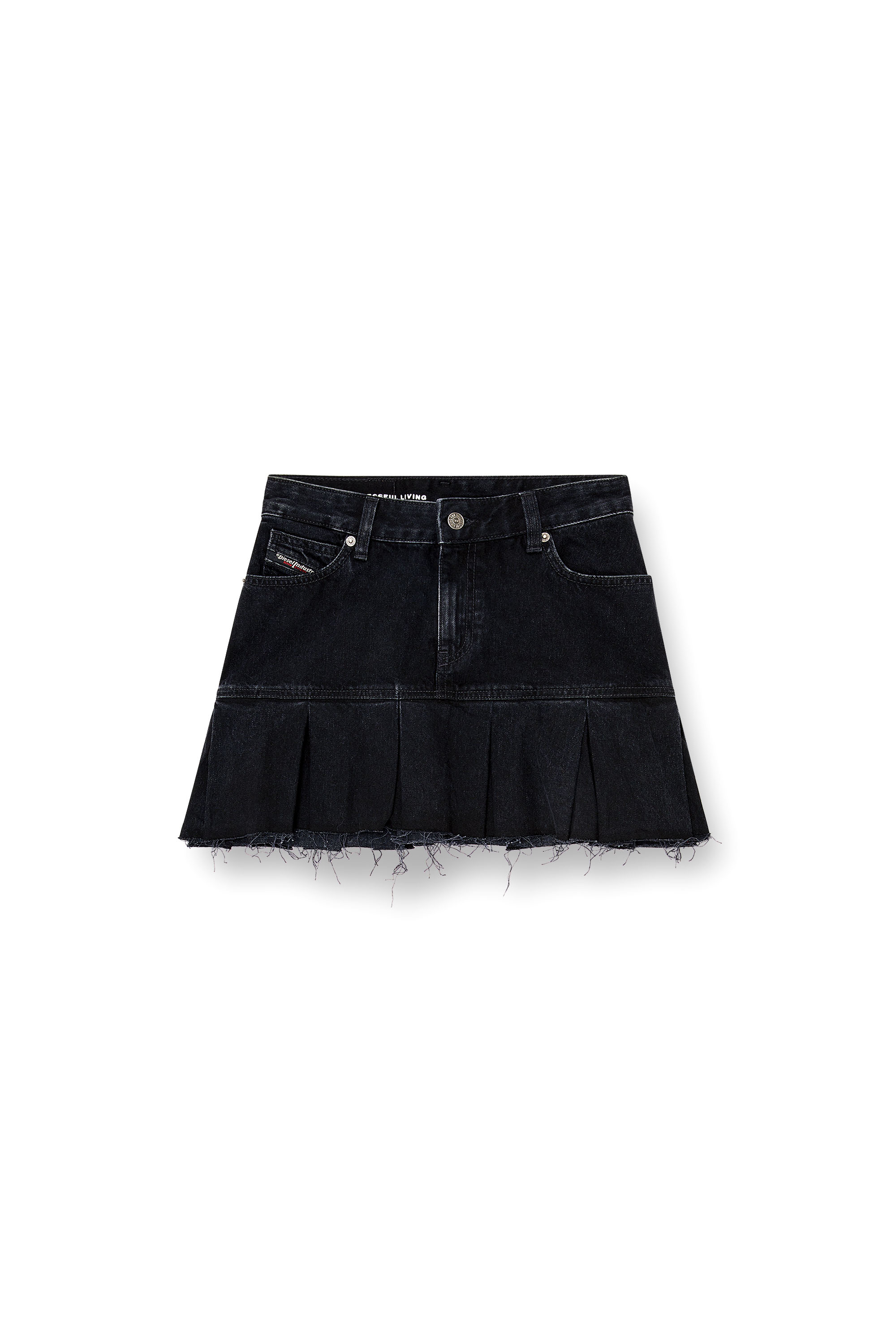 Diesel - DE-REEN, Woman's Denim skirt with frayed pleated hem in Black - 2
