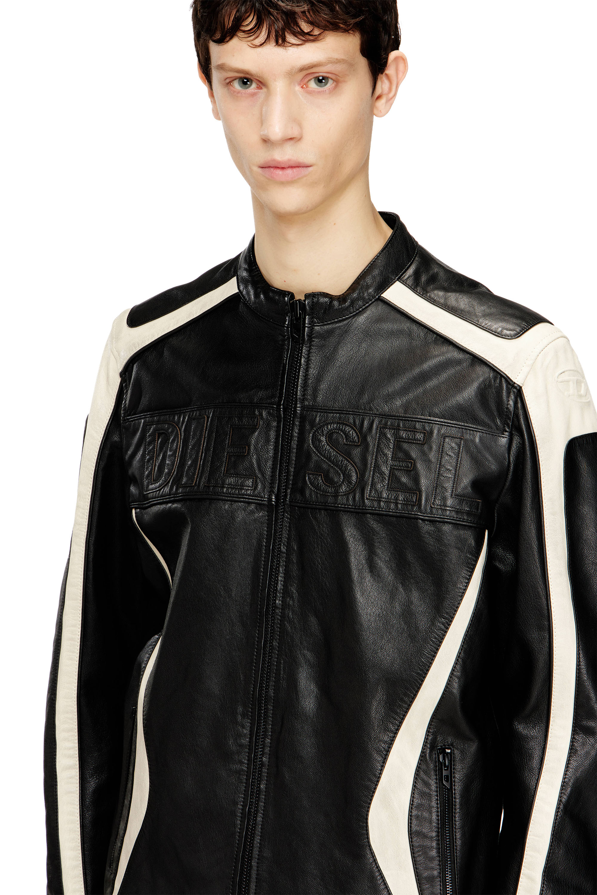 Diesel - L-ADAM, Male's Colour-block leather biker jacket in Black/White - 4