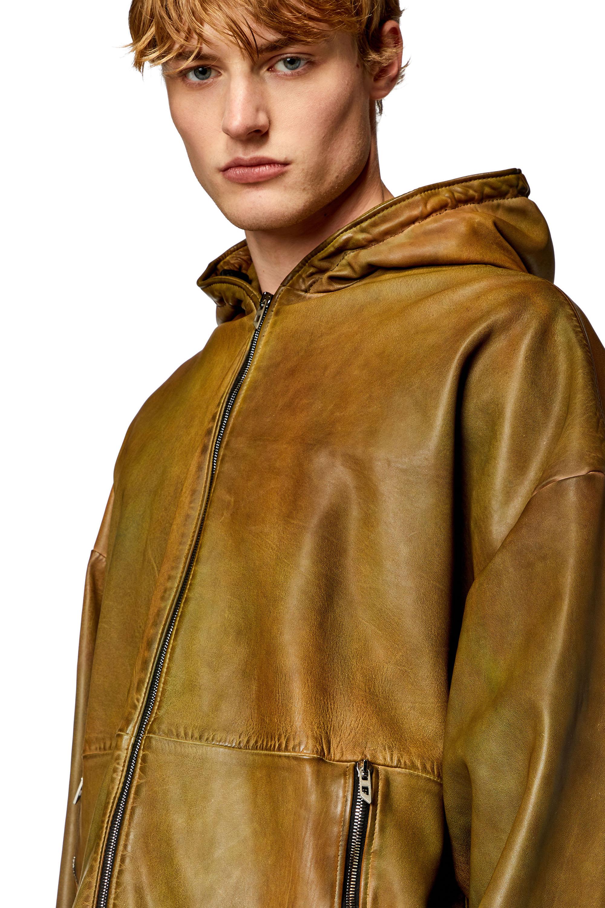 Diesel - L-VATEL-HOODY, Man's Hooded leather jacket in Brown - 4