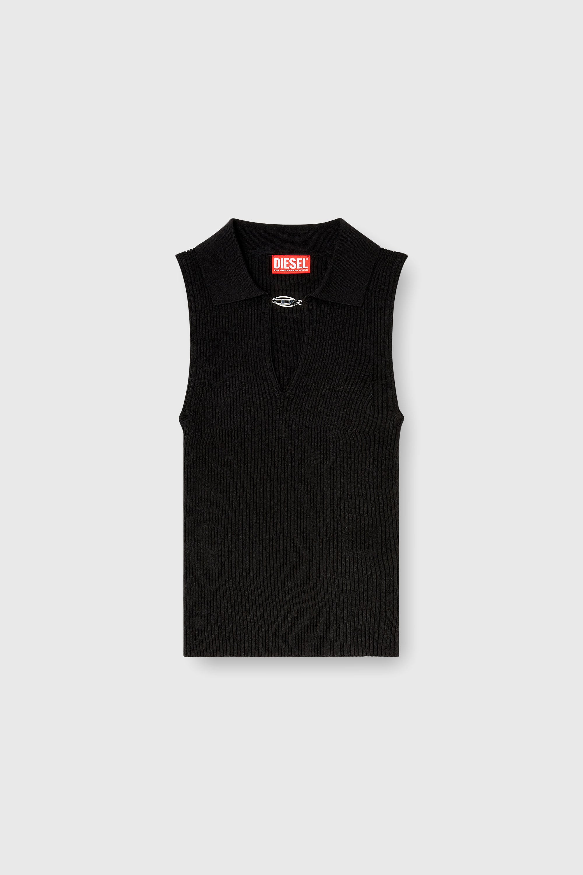 Diesel - M-LILITA, Female's Sleeveless rib-knit polo top in silk blend in Black - 2