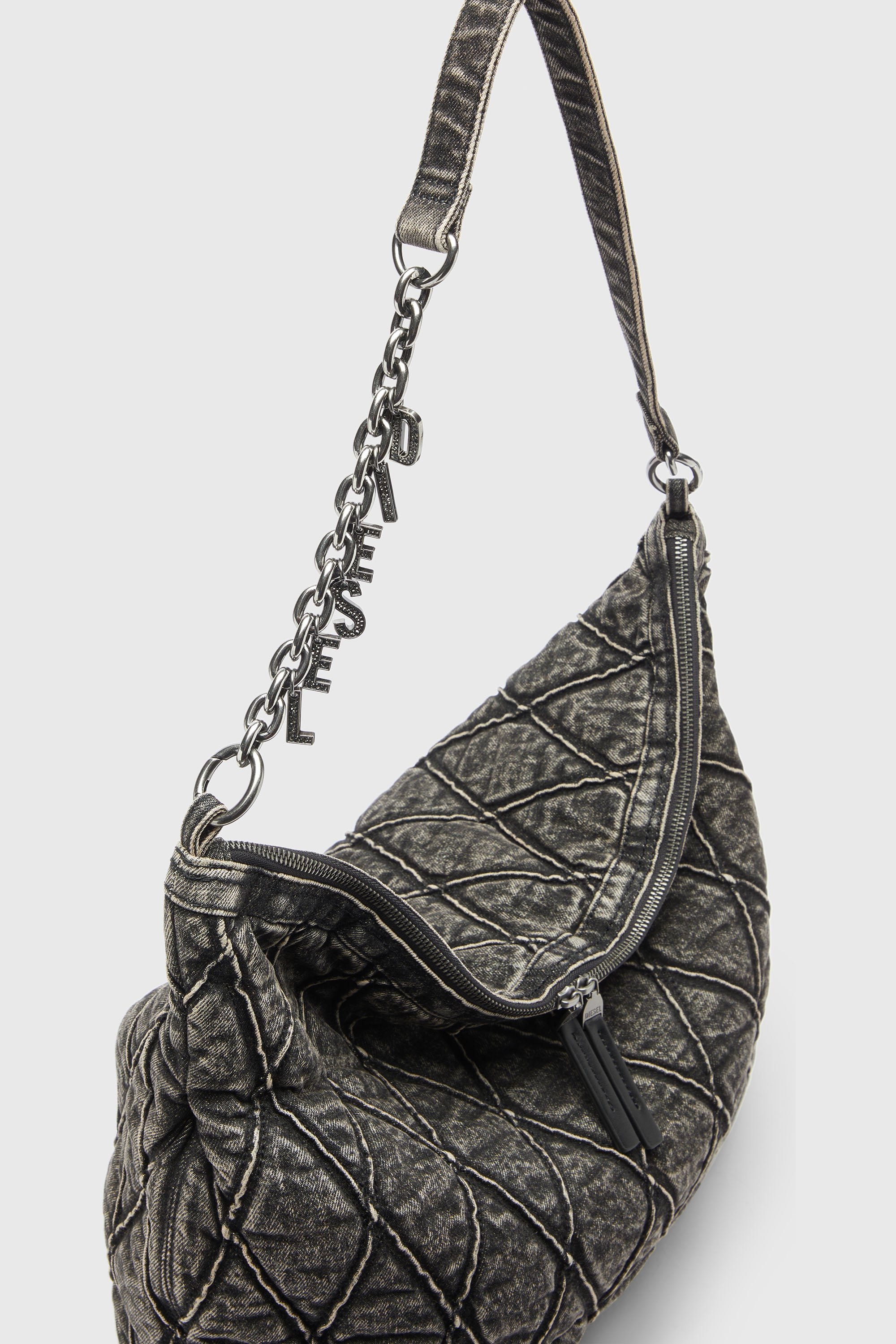 Women's Charm-D - Hobo bag in acid-wash quilted denim | Grey