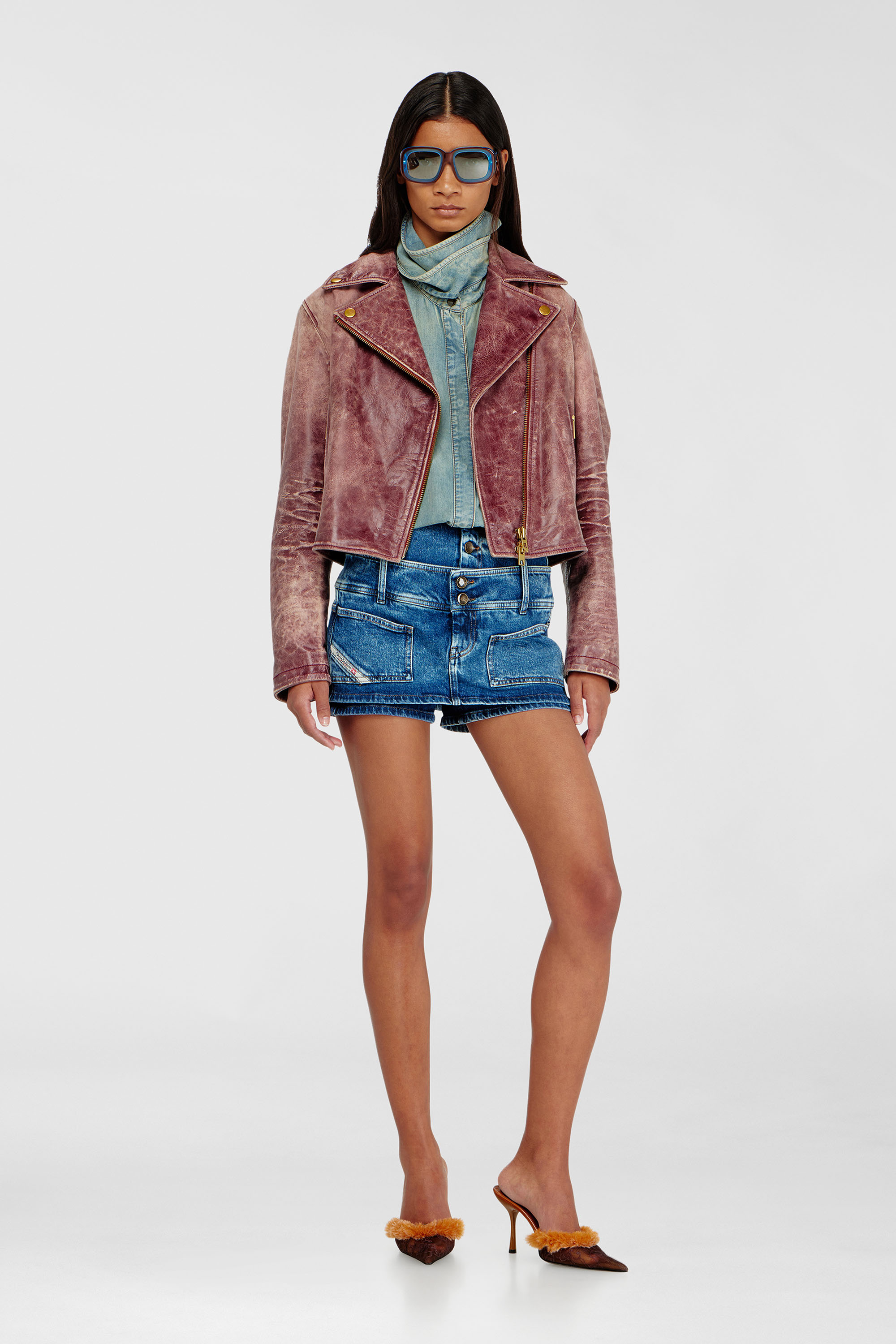 Denim mini skort with double waist