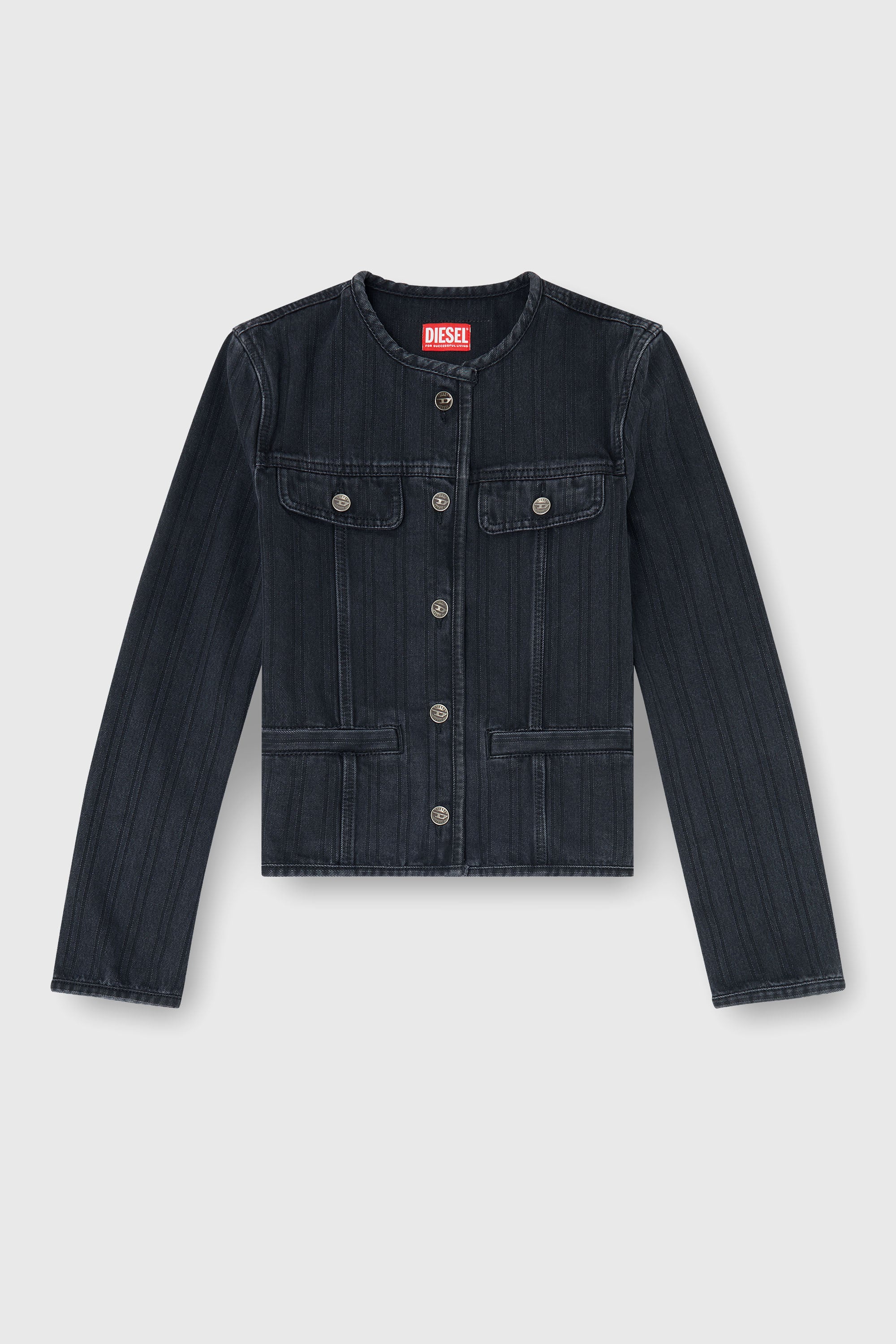 Diesel - DE-GRAFY, Chaqueta sin cuello de denim a rayas finas Mujer in Negro - 2