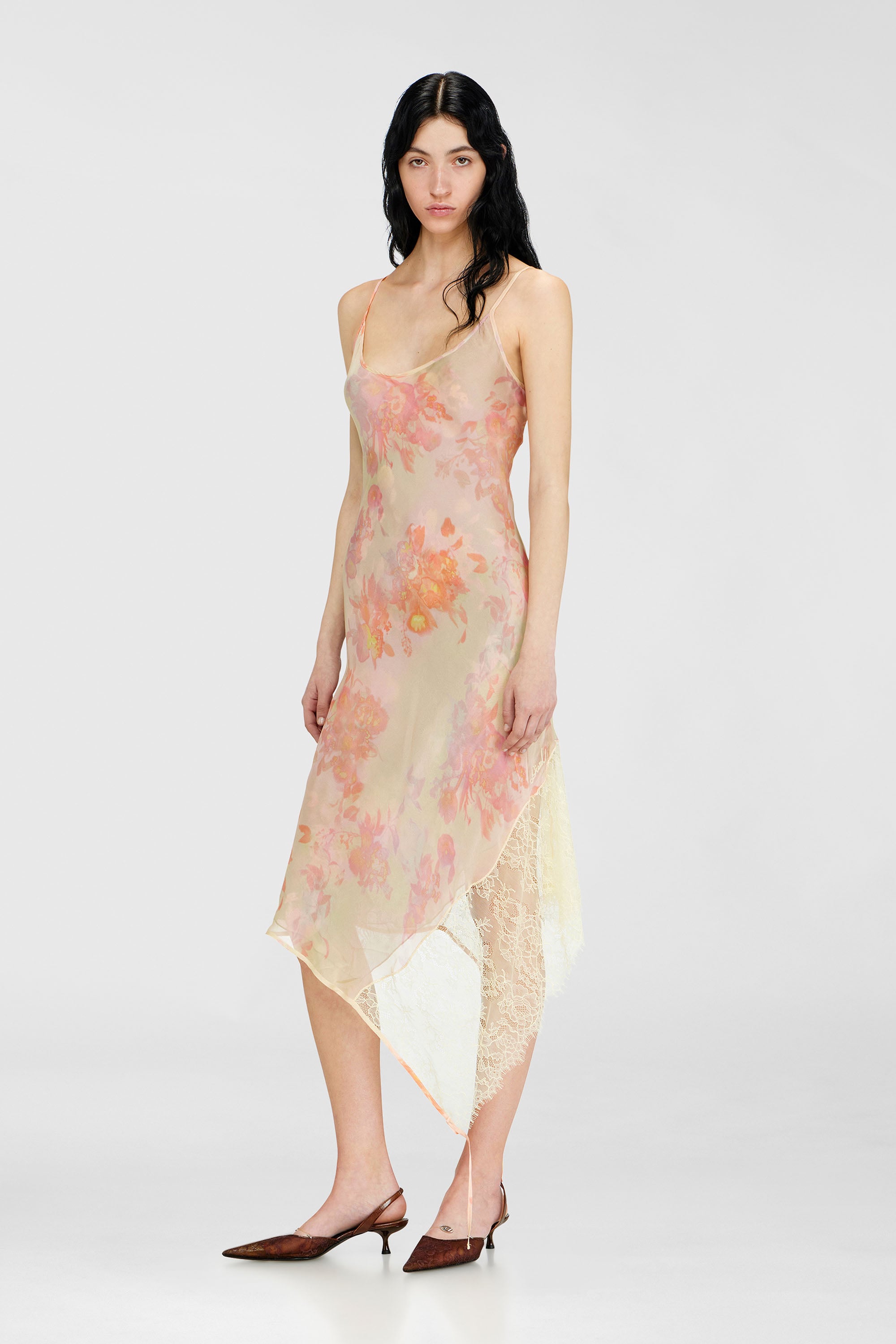 Diesel - D-ANCEL, Vestido lencero midi con estampado floral y ribete de encaje Mujer in Multicolor - 1