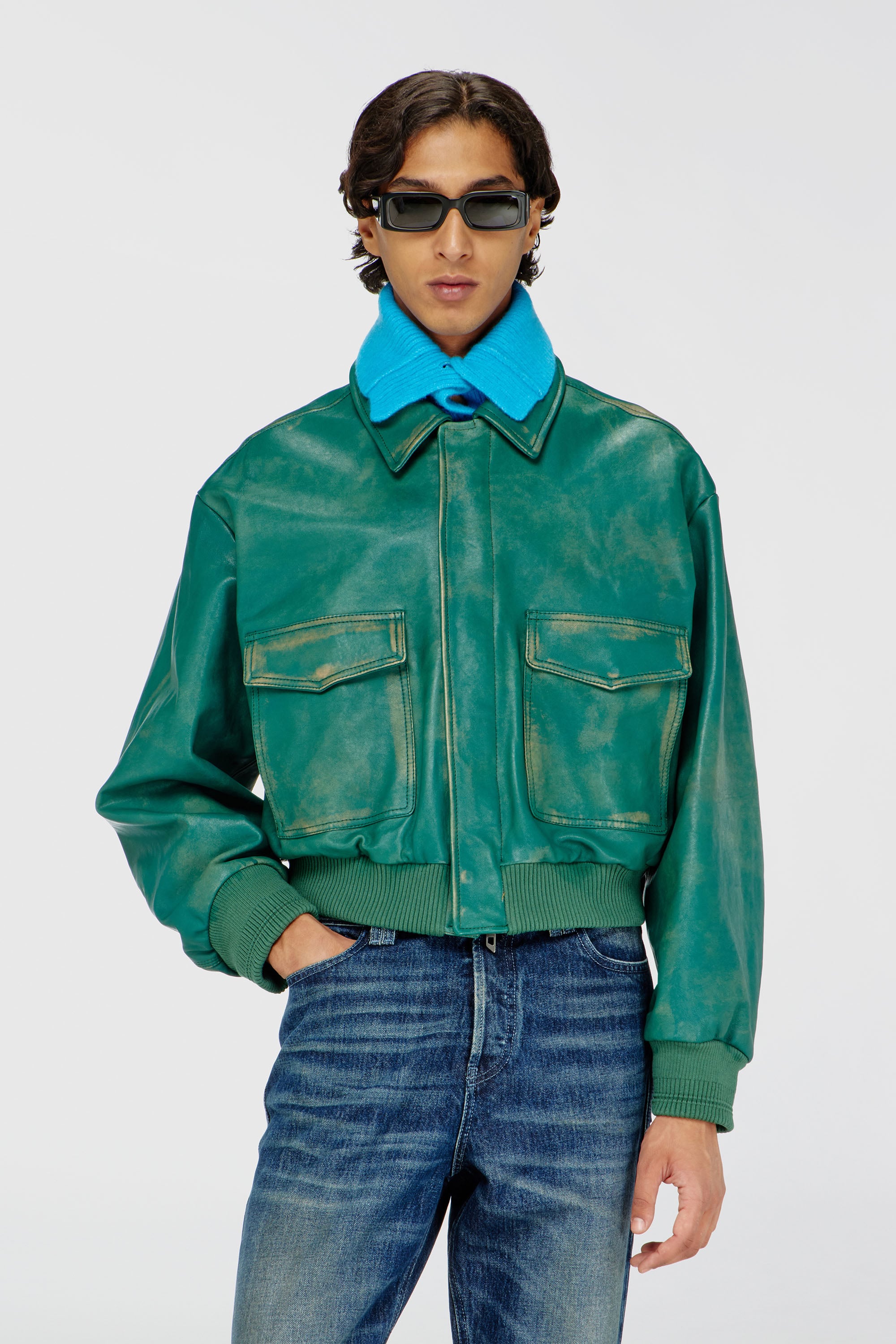 Diesel - L-UMAN, Blouson aviateur en cuir trait&eacute; Homme in Vert - 1